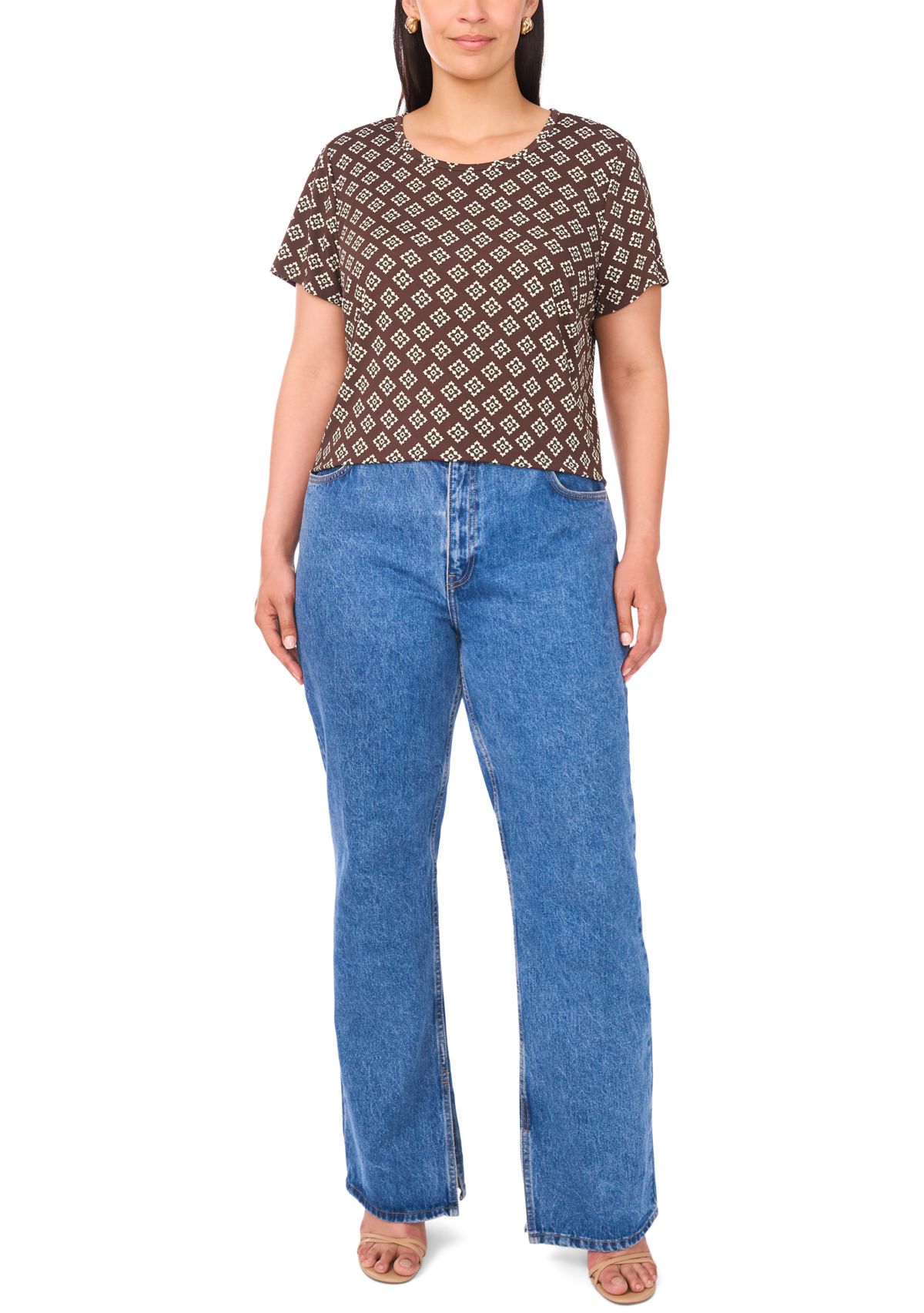 Plus Size Crewneck Short Sleeve Split Back T-Shirt 