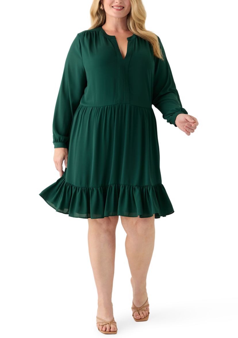 Plus Size Long Sleeve Split Neck Baby Doll Dress
