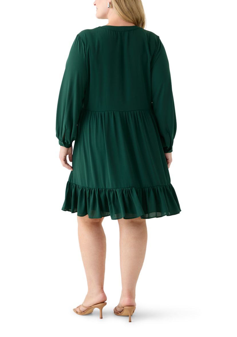 Plus Size Long Sleeve Split Neck Baby Doll Dress