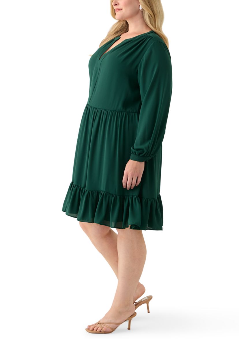 Plus Size Long Sleeve Split Neck Baby Doll Dress