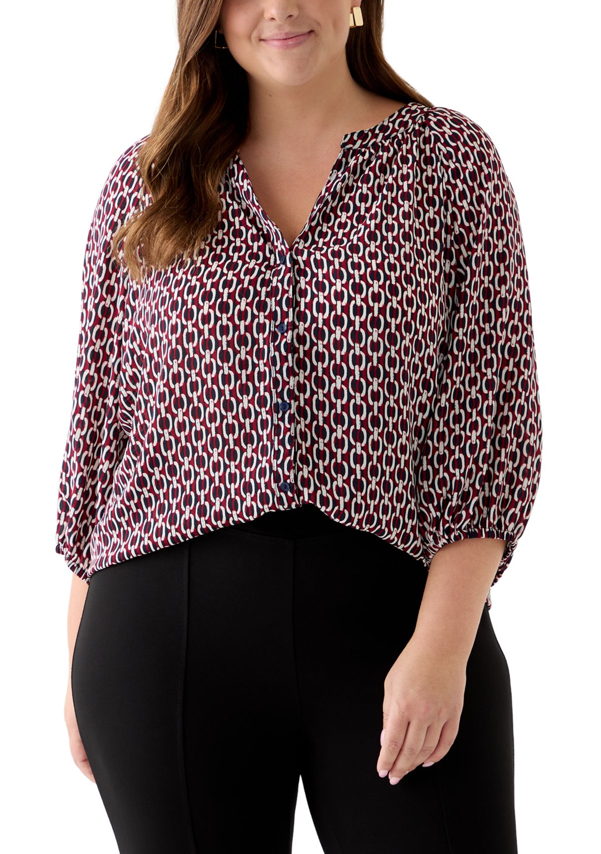 Plus Size 3/4 Sleeve V-Neck Button Front Blouse