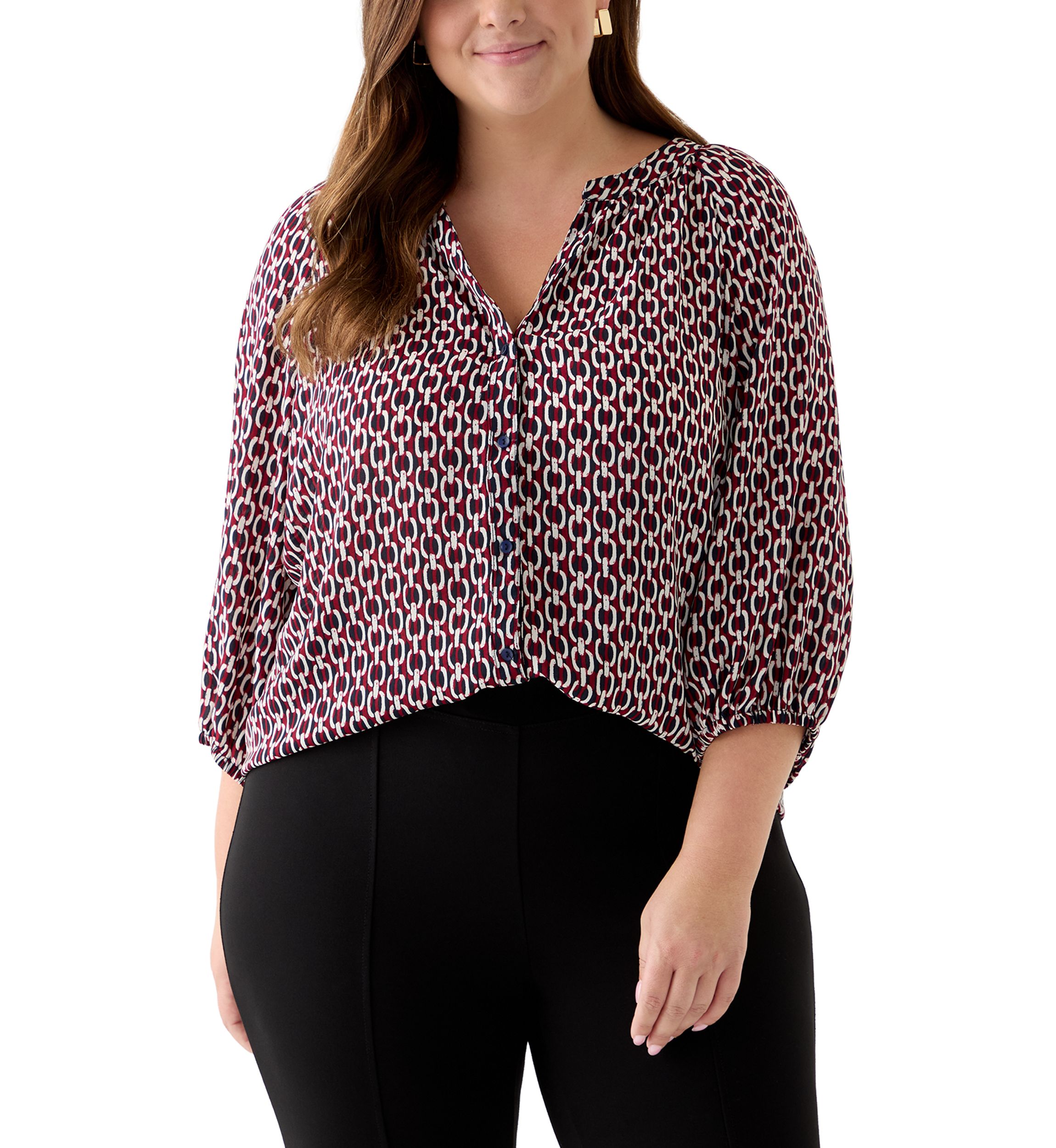 Plus Size 3/4 Sleeve V-Neck Button Front Blouse