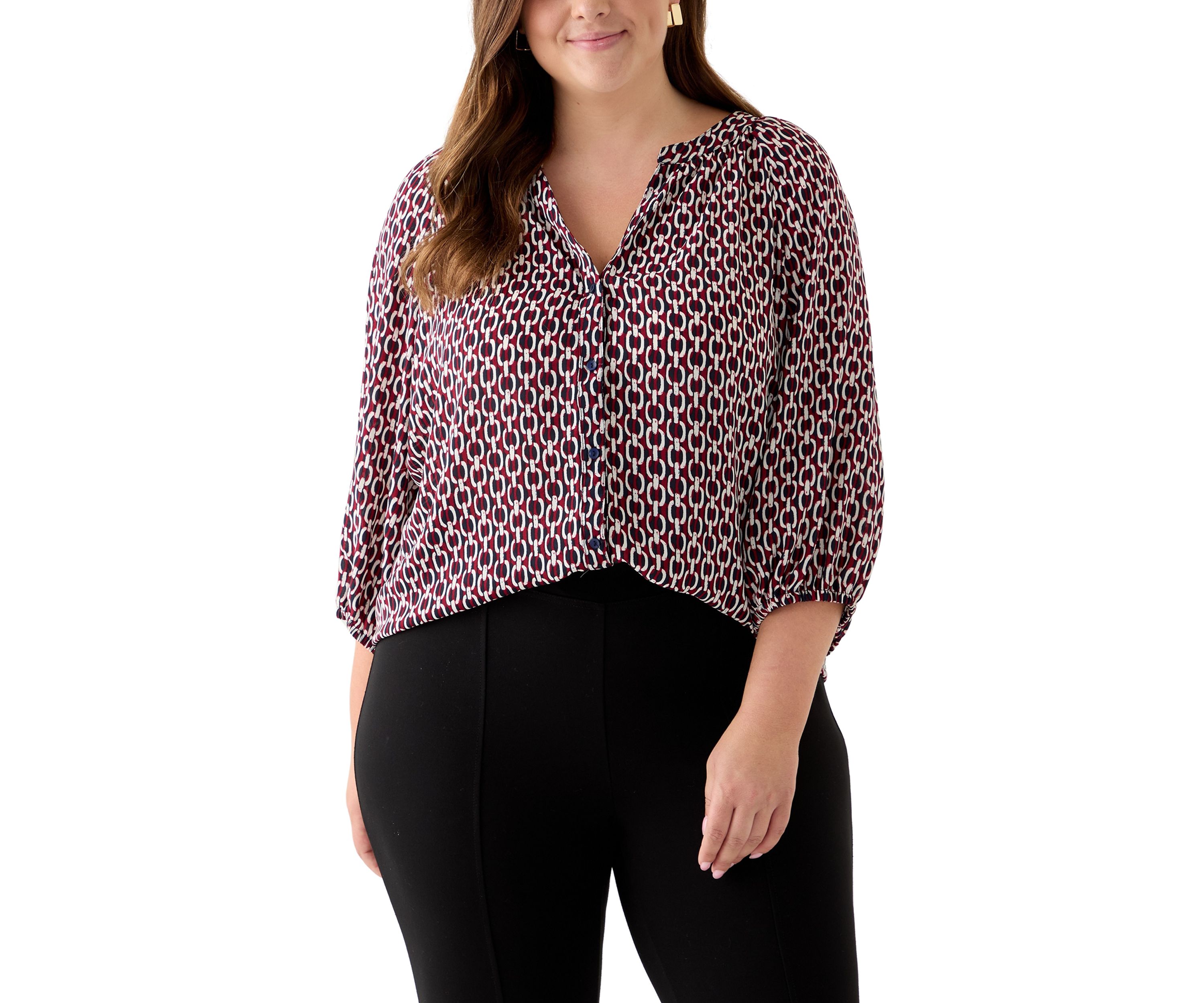Plus Size 3/4 Sleeve V-Neck Button Front Blouse