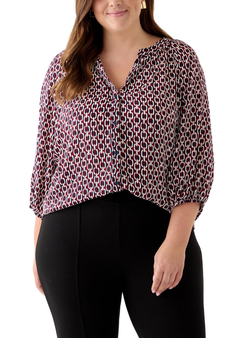 Plus Size 3/4 Sleeve V-Neck Button Front Blouse