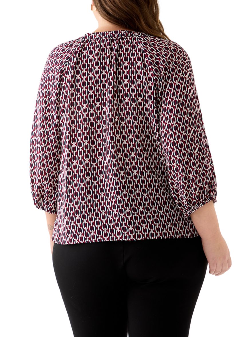 Plus Size 3/4 Sleeve V-Neck Button Front Blouse