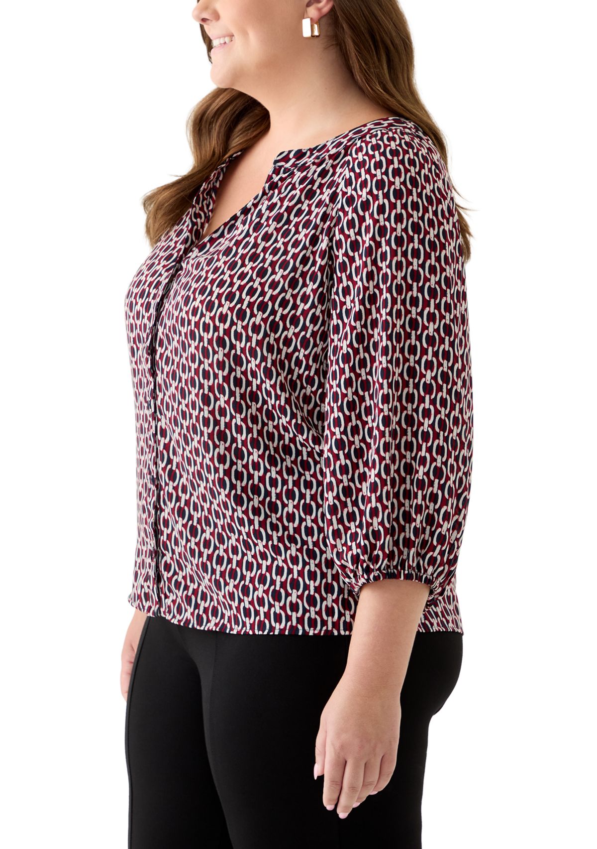 Plus Size 3/4 Sleeve V-Neck Button Front Blouse