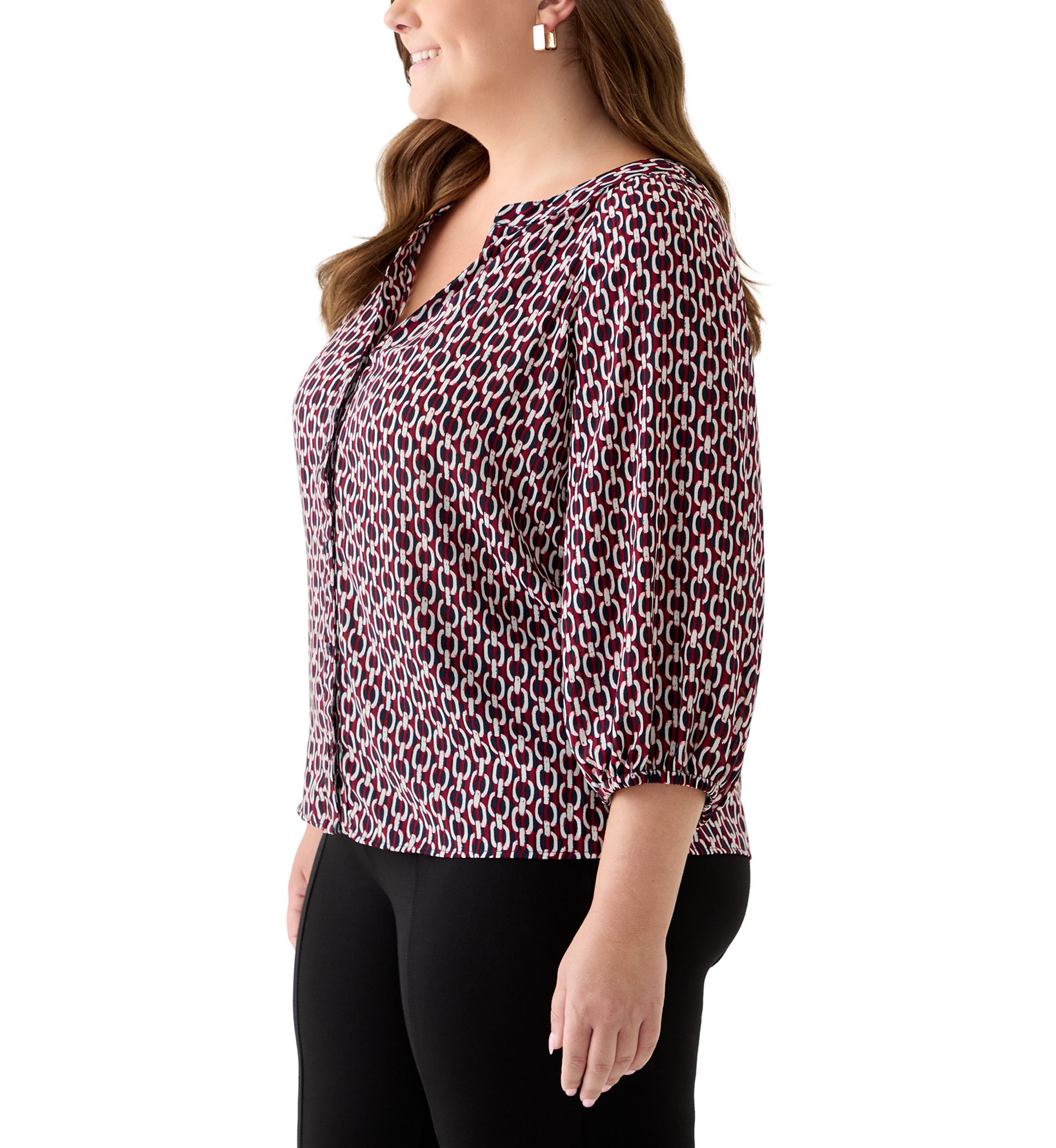 Plus Size 3/4 Sleeve V-Neck Button Front Blouse