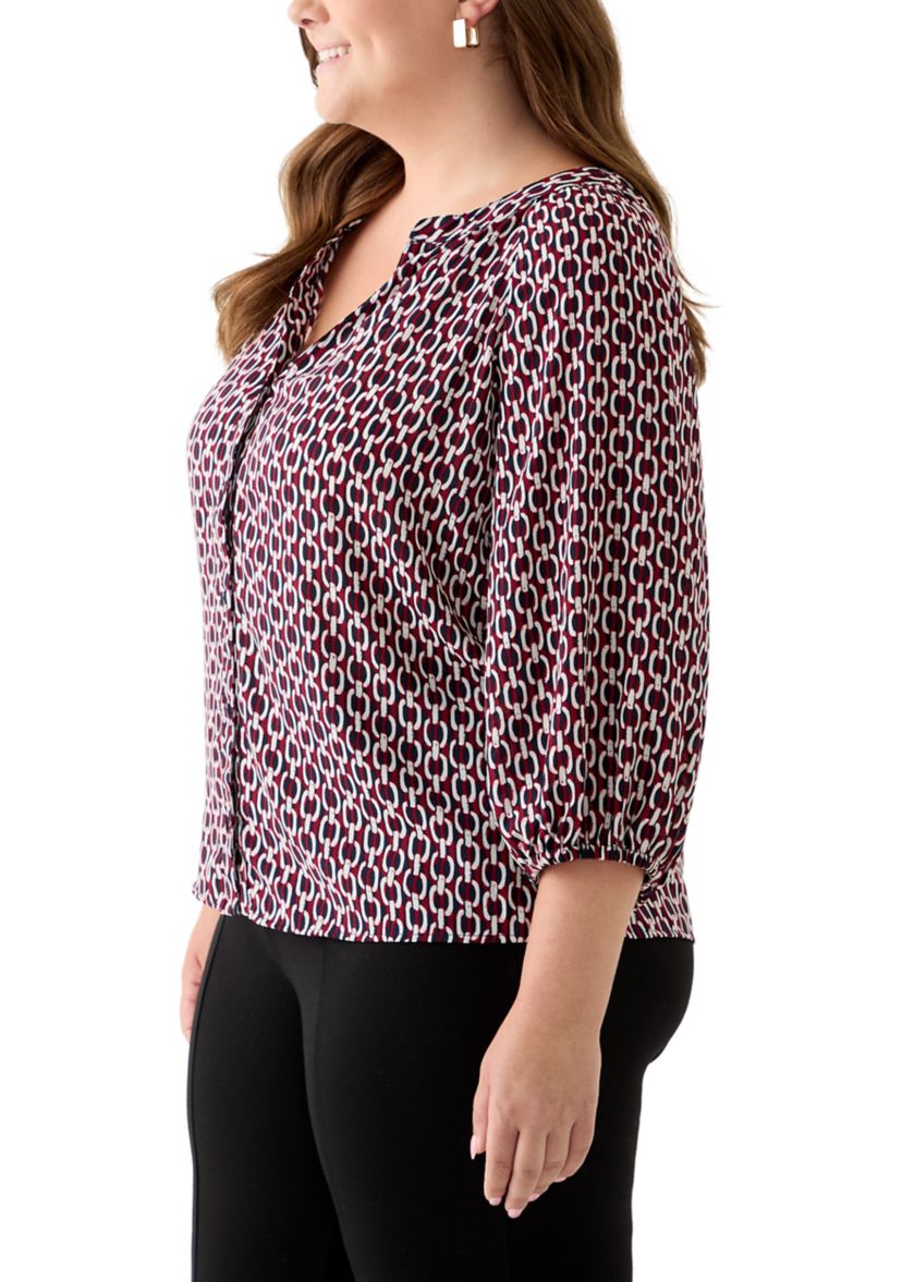 Plus Size 3/4 Sleeve V-Neck Button Front Blouse