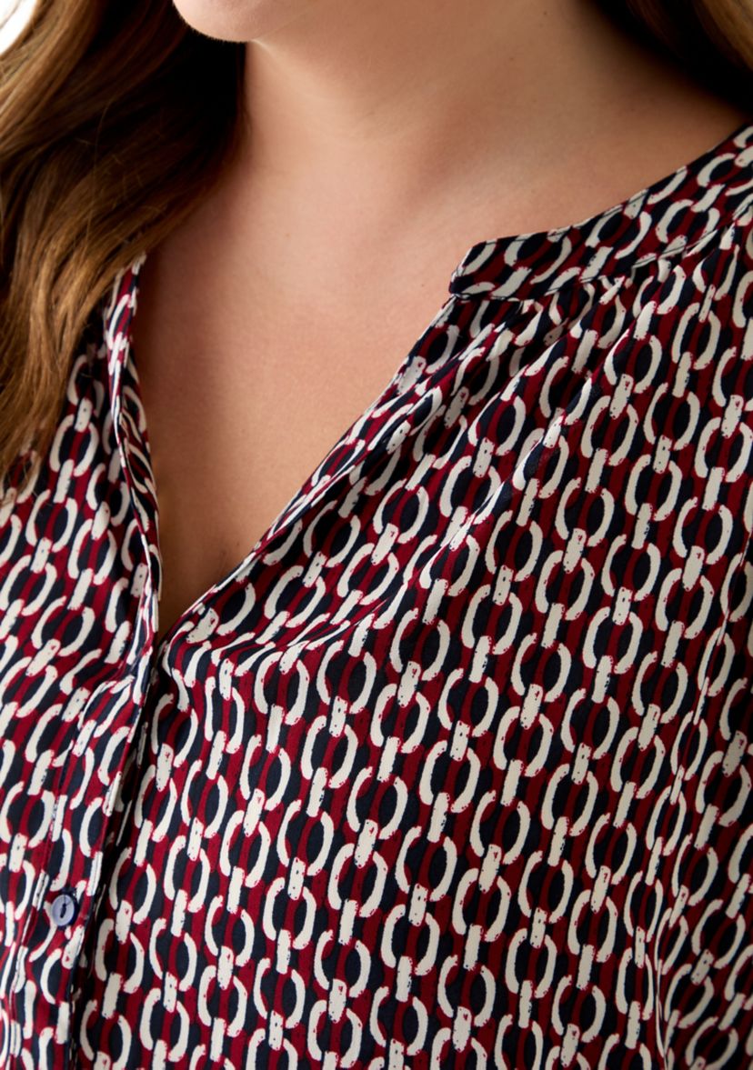 Plus Size 3/4 Sleeve V-Neck Button Front Blouse