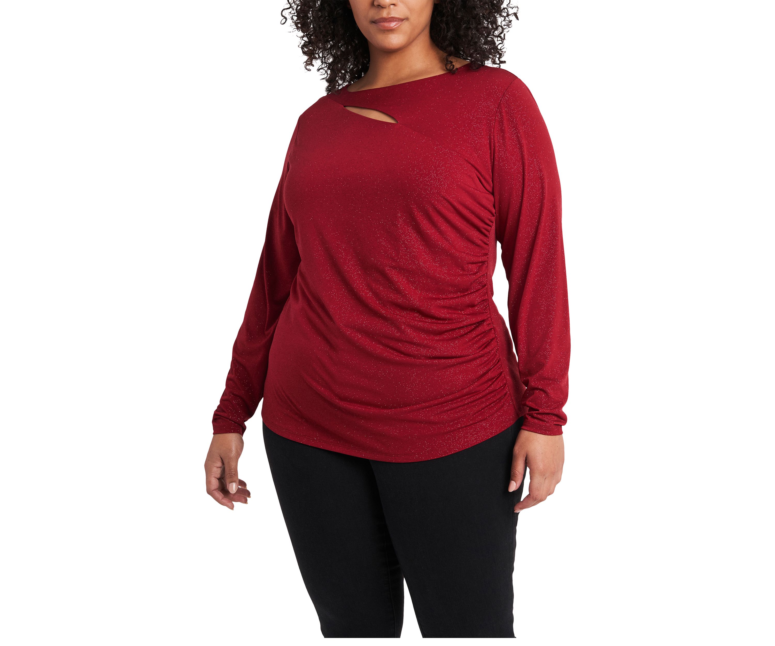 Plus Size Long Sleeve Sparkle Asymmetrical Cut Out Top