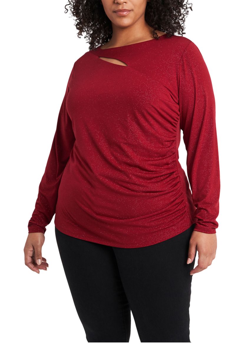 Plus Size Long Sleeve Sparkle Asymmetrical Cut Out Top