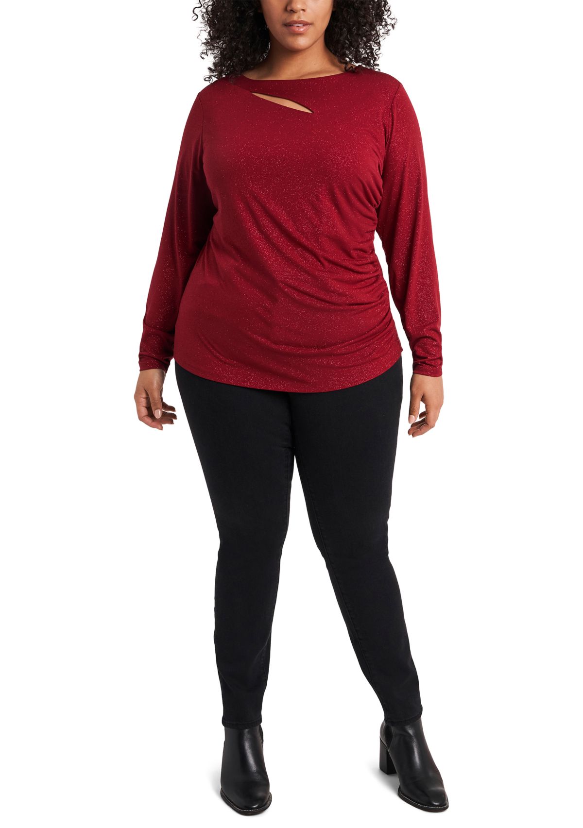 Plus Size Long Sleeve Sparkle Asymmetrical Cut Out Top