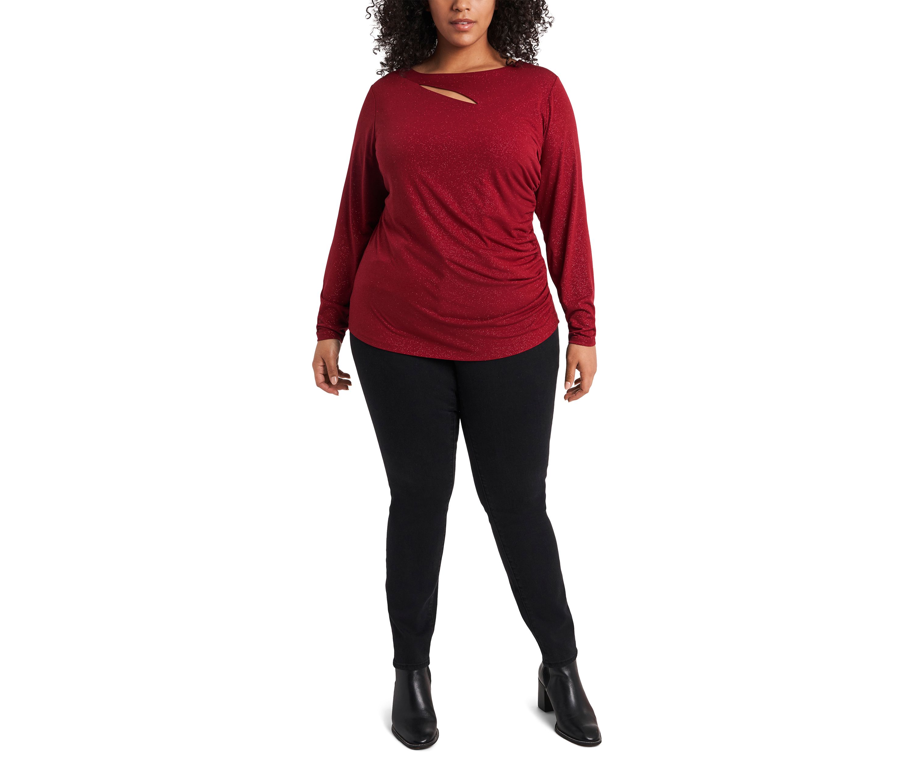 Plus Size Long Sleeve Sparkle Asymmetrical Cut Out Top