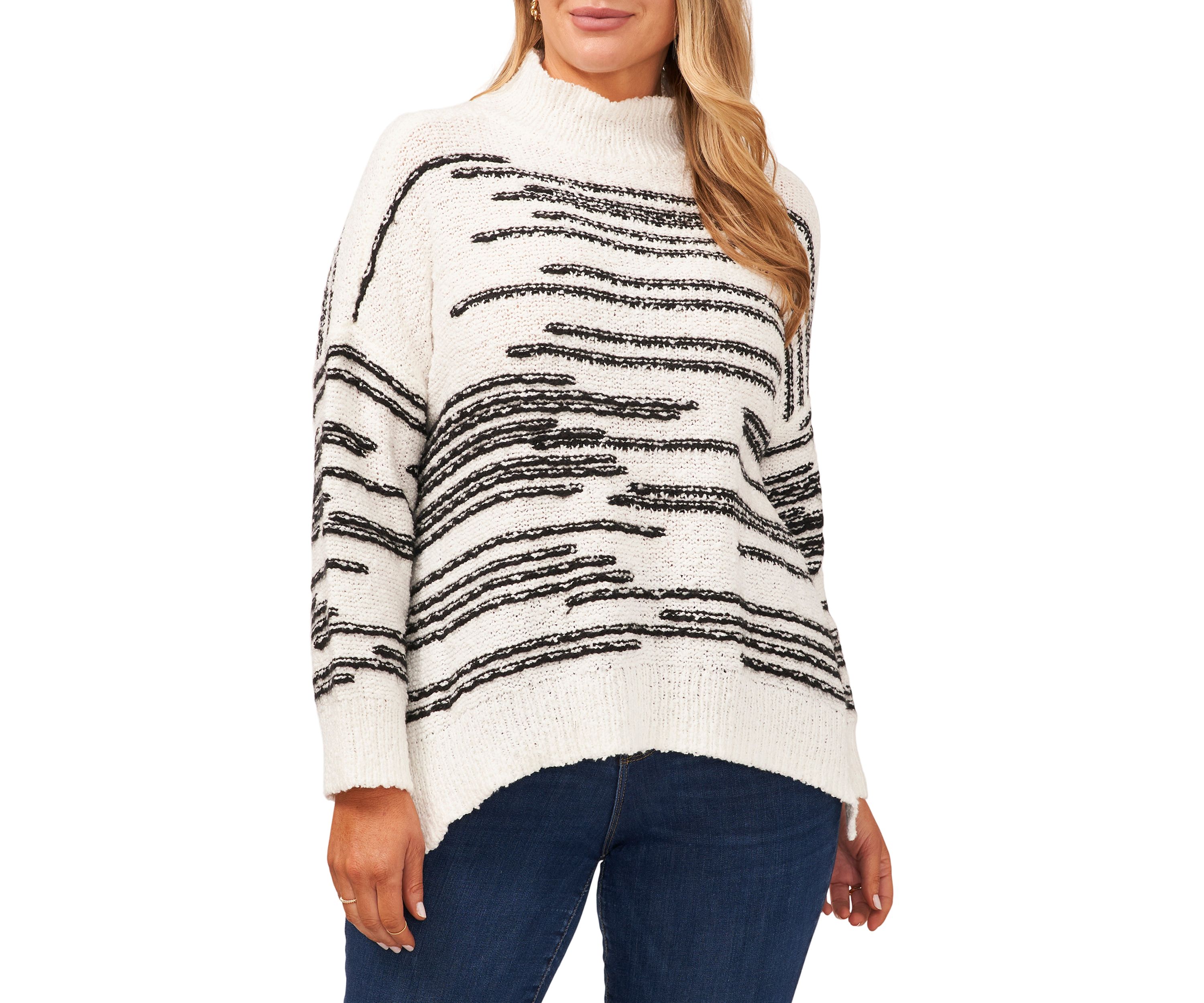 Plus Size Drop Shoulder Striped Turtleneck Sweater 