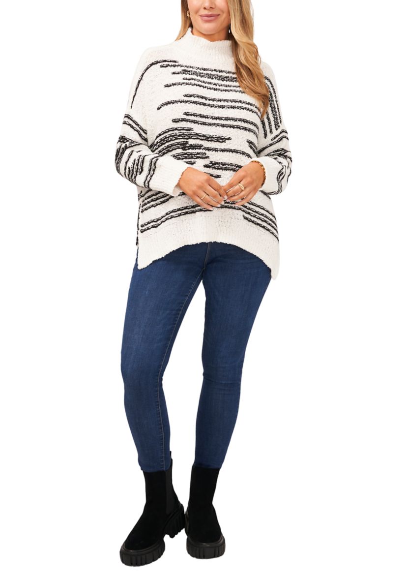 Plus Size Drop Shoulder Striped Turtleneck Sweater 