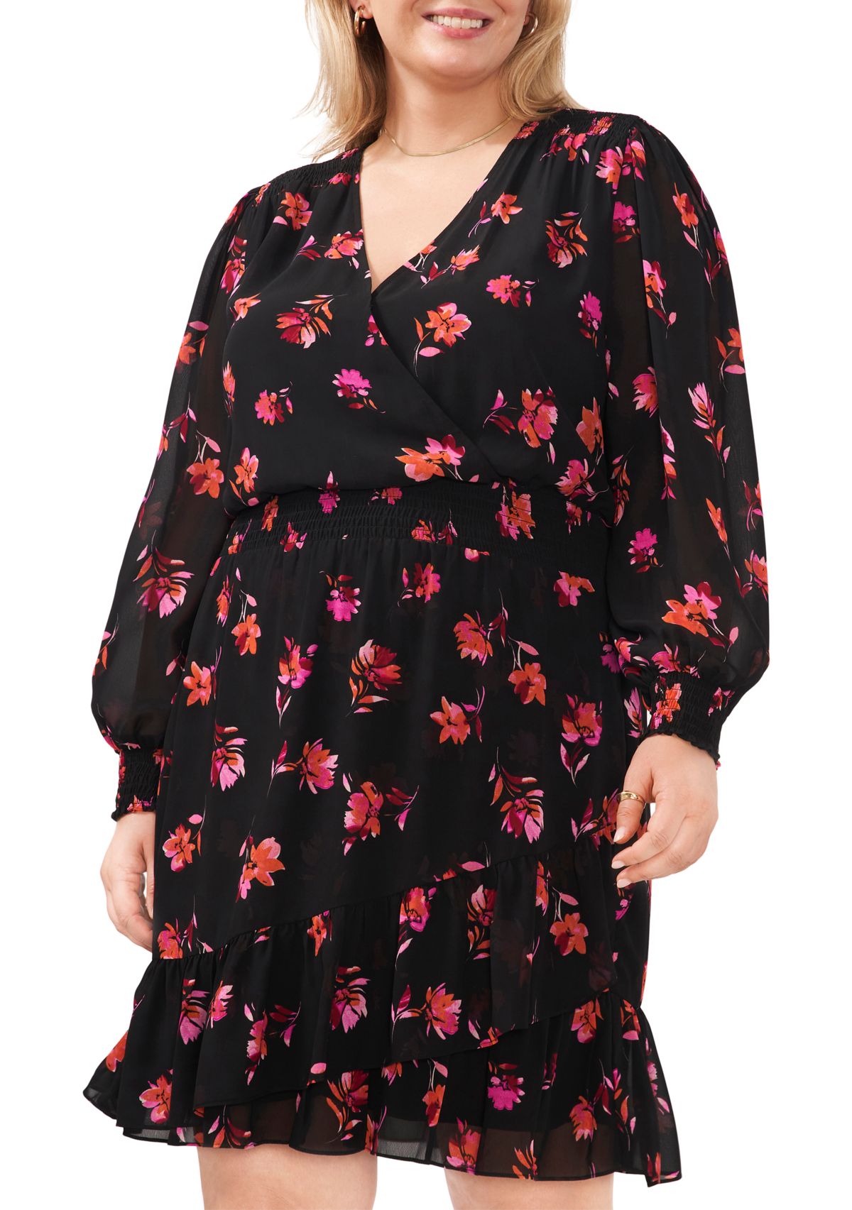 Plus Size Smocked Waist Surplice Dress