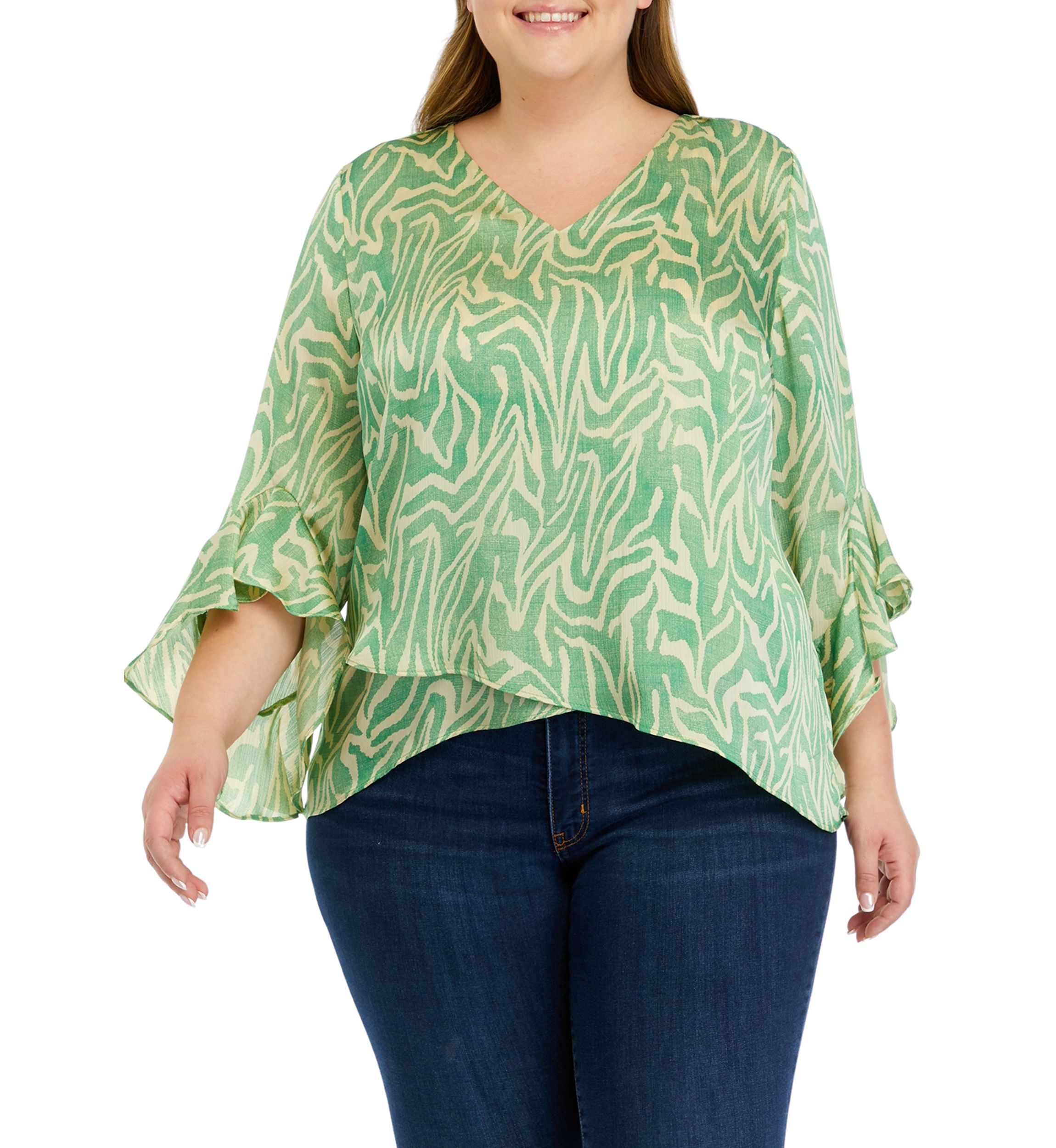Plus Size Printed Bell Sleeve Blouse