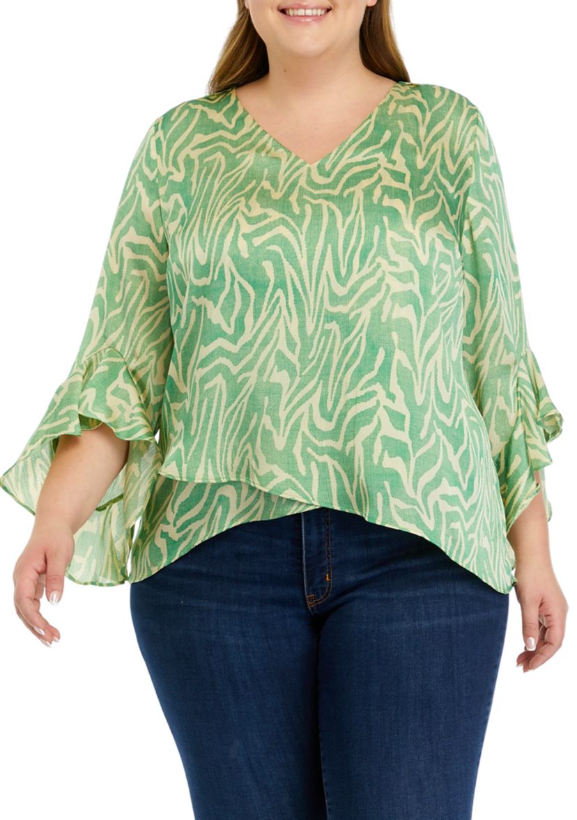 Plus Size Printed Bell Sleeve Blouse