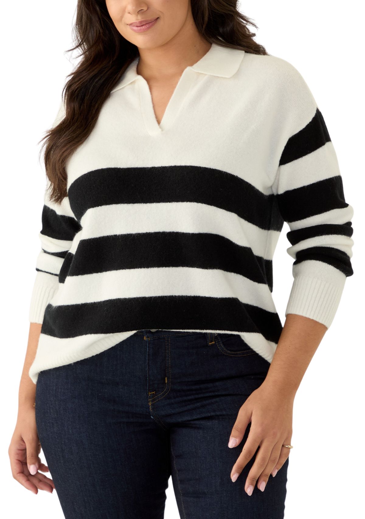 Plus Size Striped Polo Sweater 