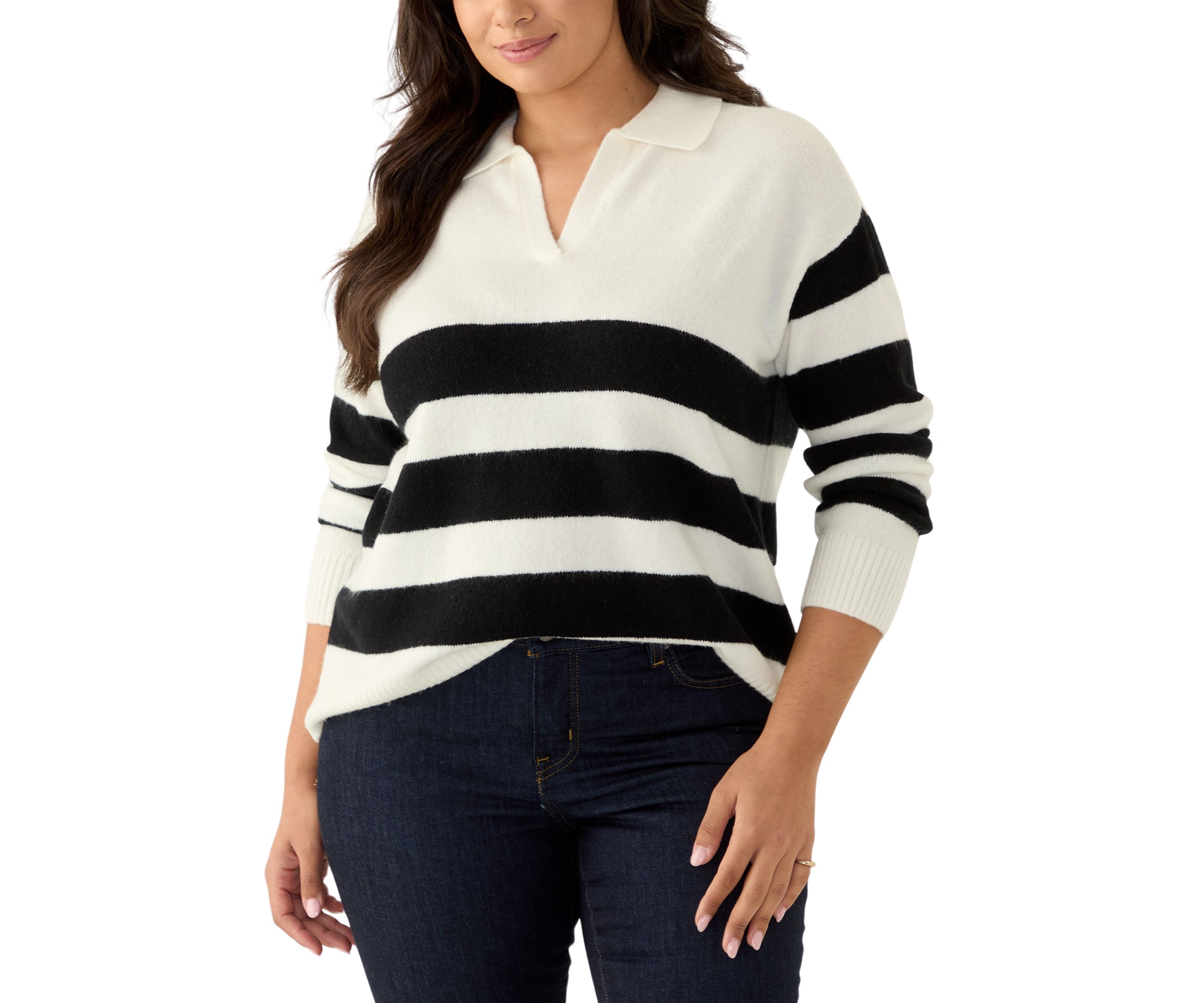 Plus Size Striped Polo Sweater 