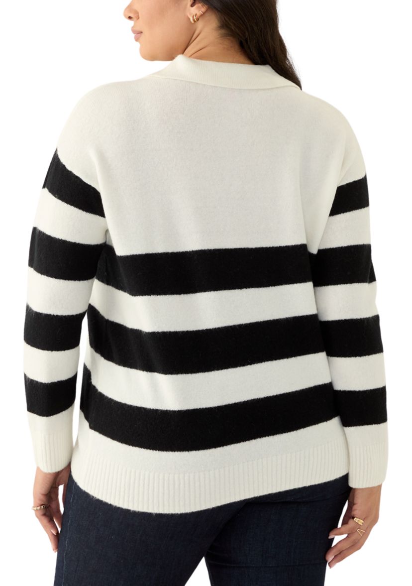 Plus Size Striped Polo Sweater 