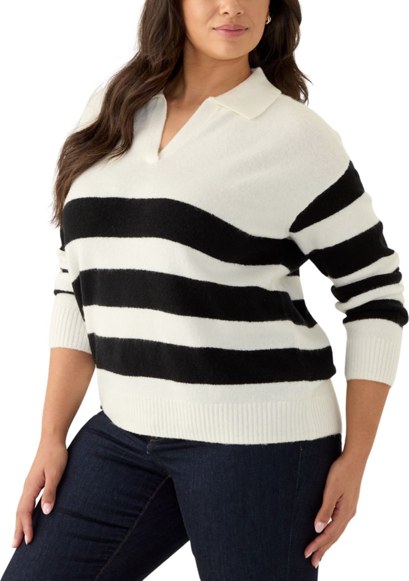 Plus Size Striped Polo Sweater 