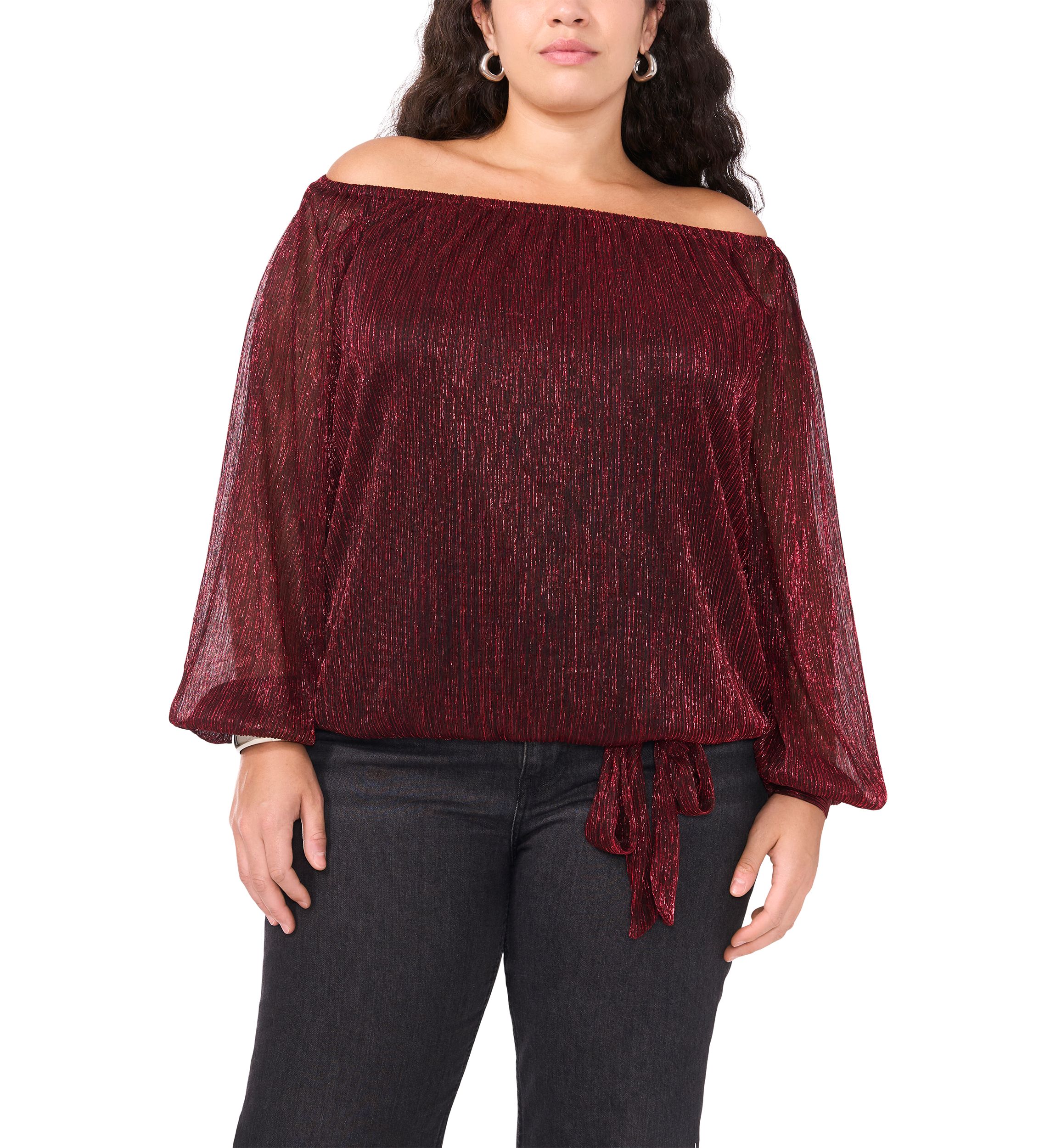 Plus Size Off the Shoulder Long Sleeve Blouse with Tie