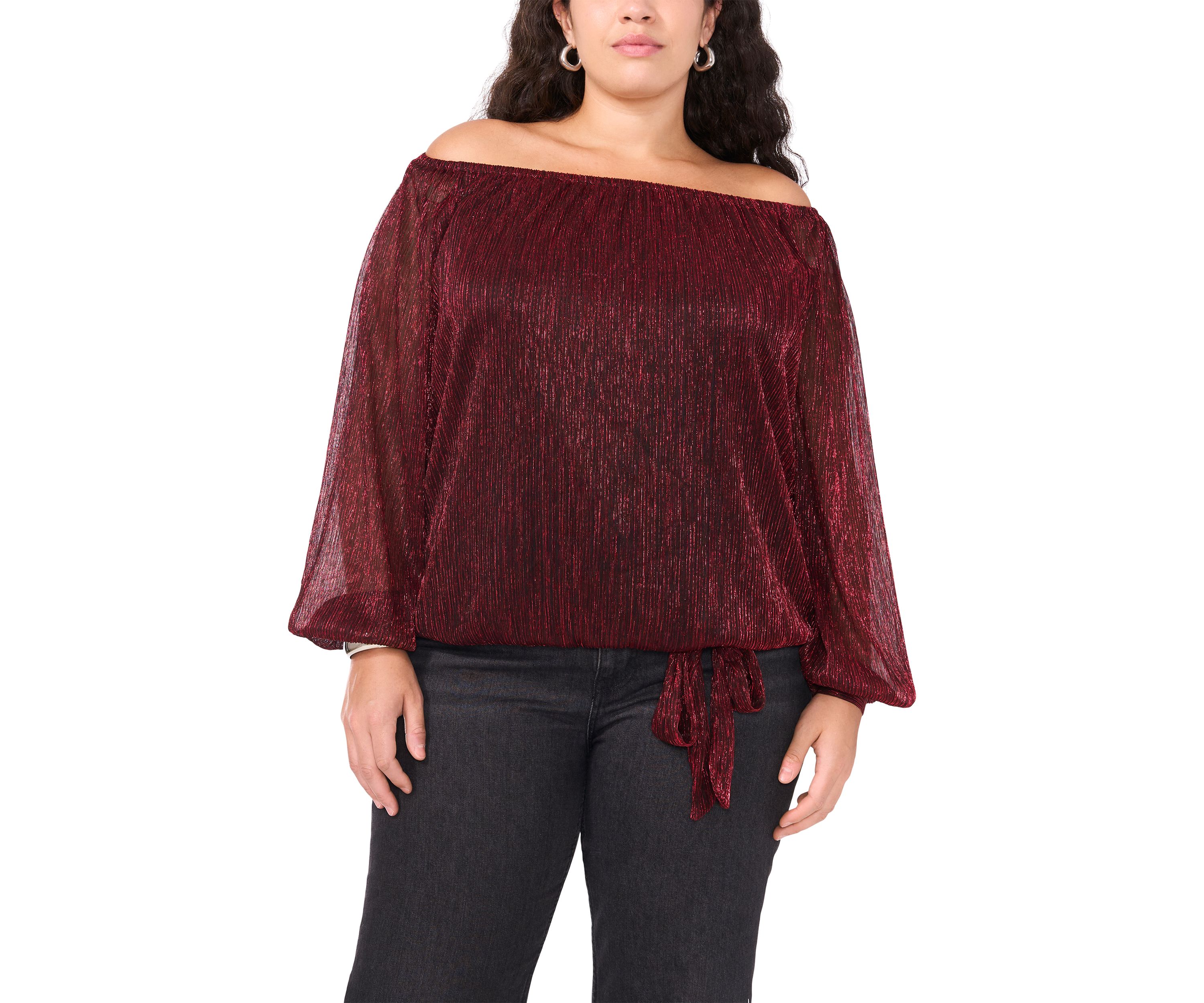 Plus Size Off the Shoulder Long Sleeve Blouse with Tie