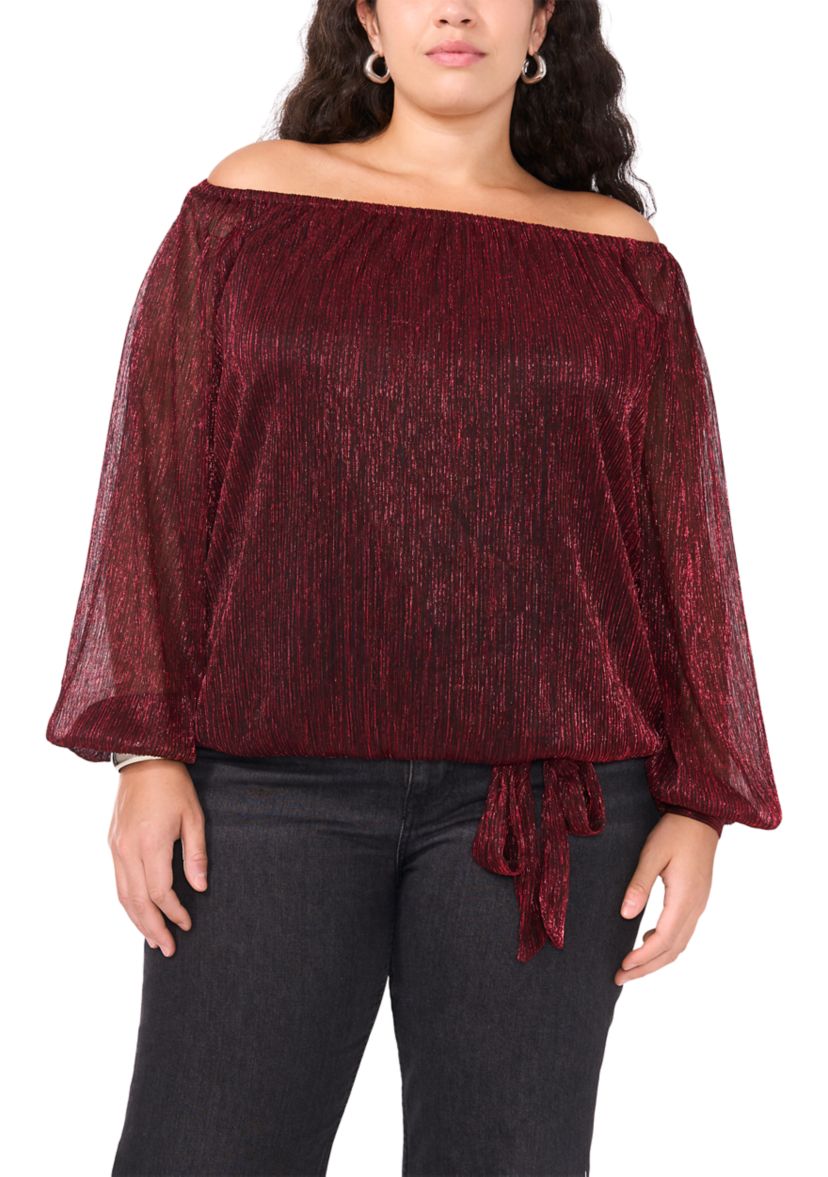Plus Size Off the Shoulder Long Sleeve Blouse with Tie