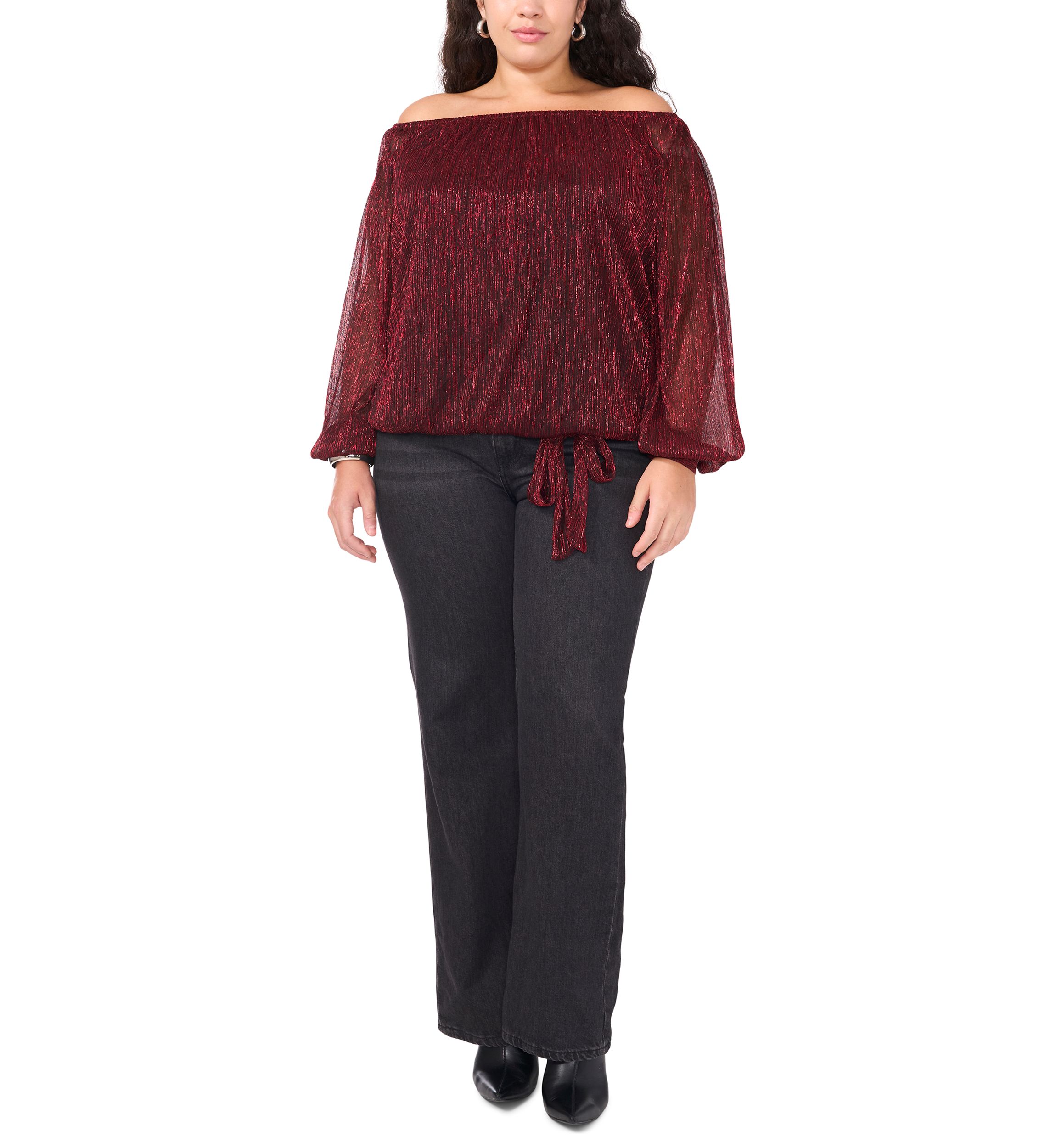 Plus Size Off the Shoulder Long Sleeve Blouse with Tie