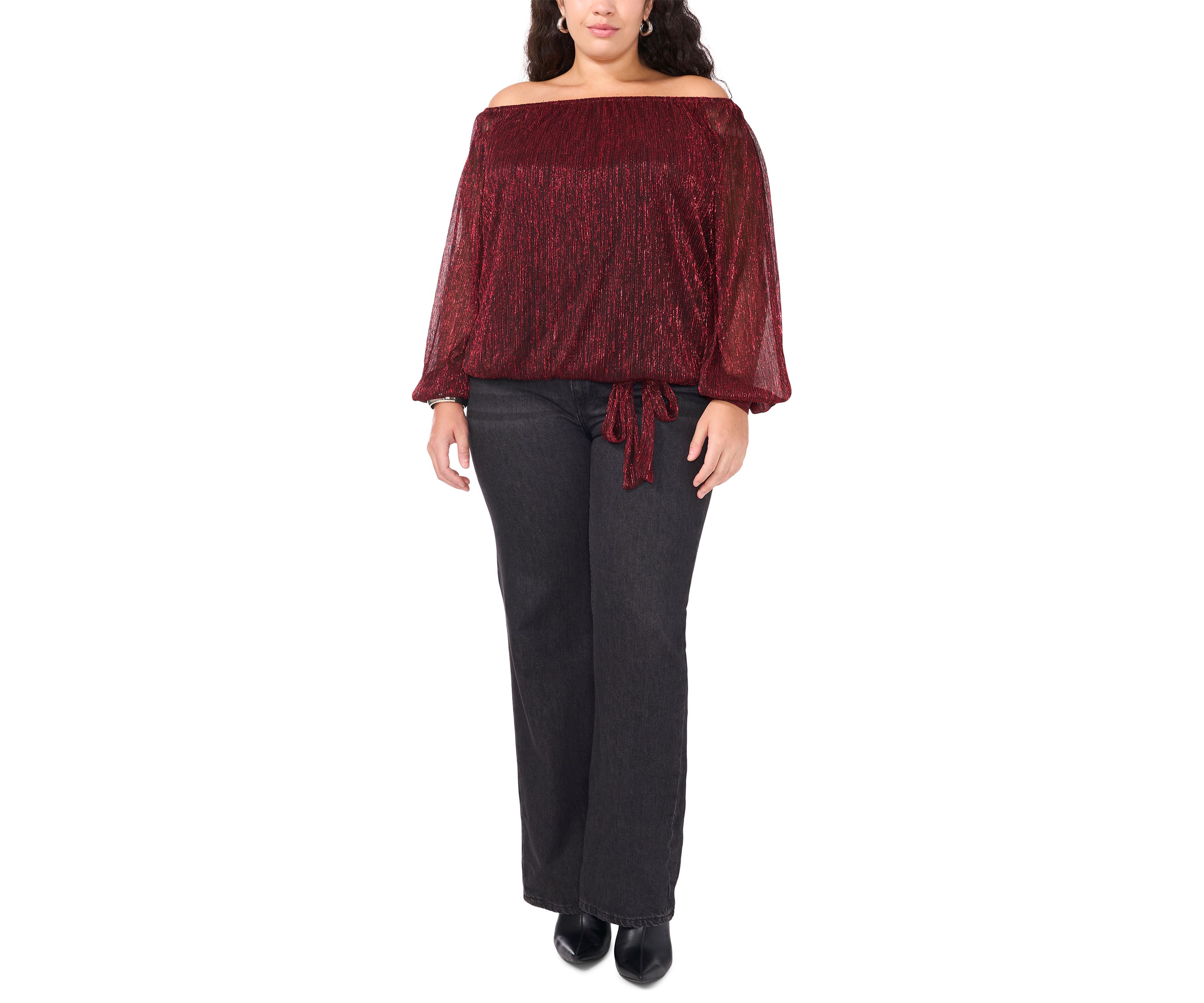 Plus Size Off the Shoulder Long Sleeve Blouse with Tie