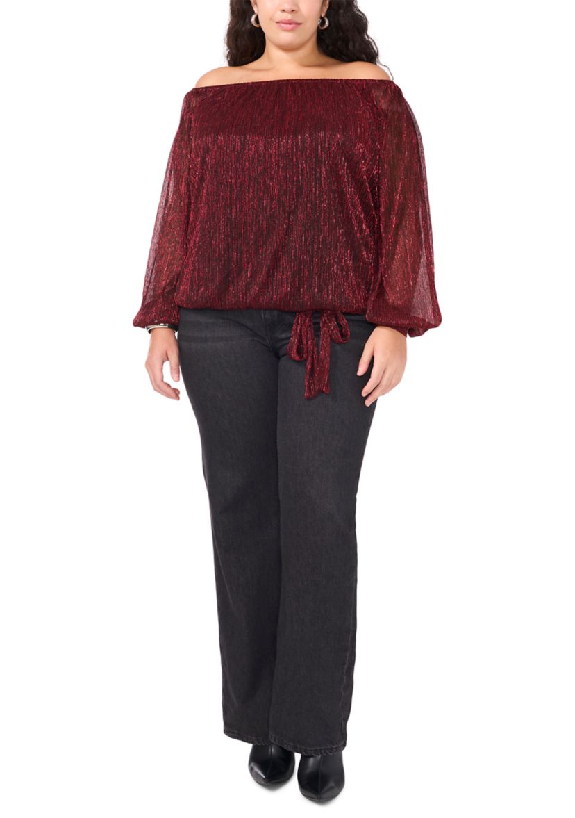 Plus Size Off the Shoulder Long Sleeve Blouse with Tie