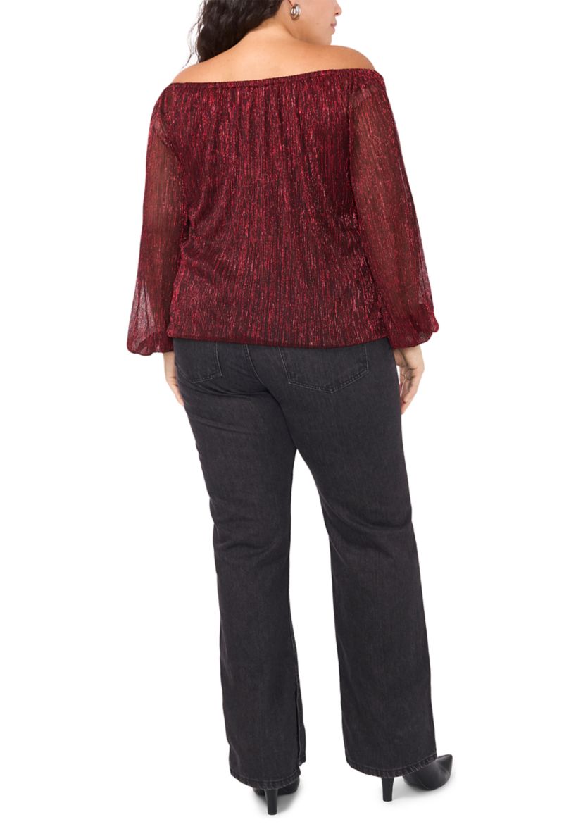 Plus Size Off the Shoulder Long Sleeve Blouse with Tie