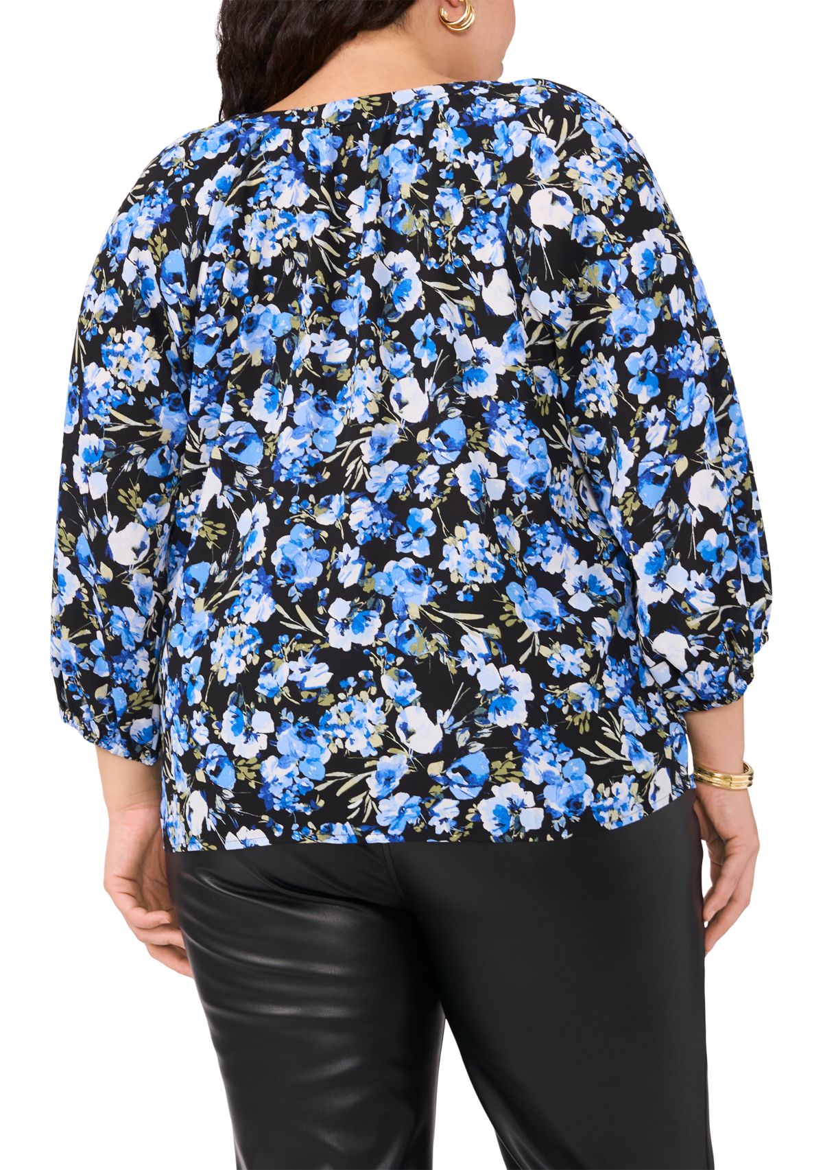Plus Size Printed V-Neck Long Sleeve Woven Blouse