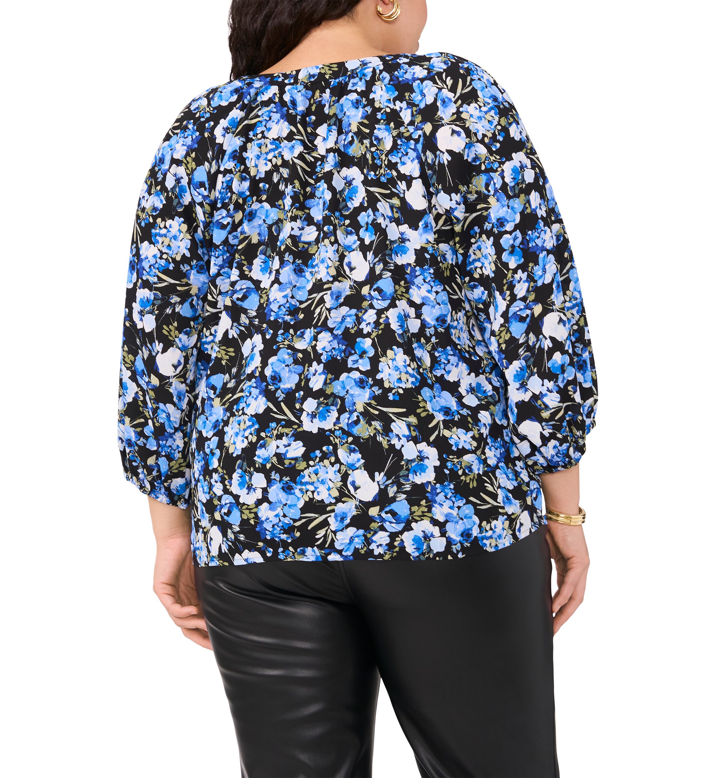 Plus Size Printed V-Neck Long Sleeve Woven Blouse