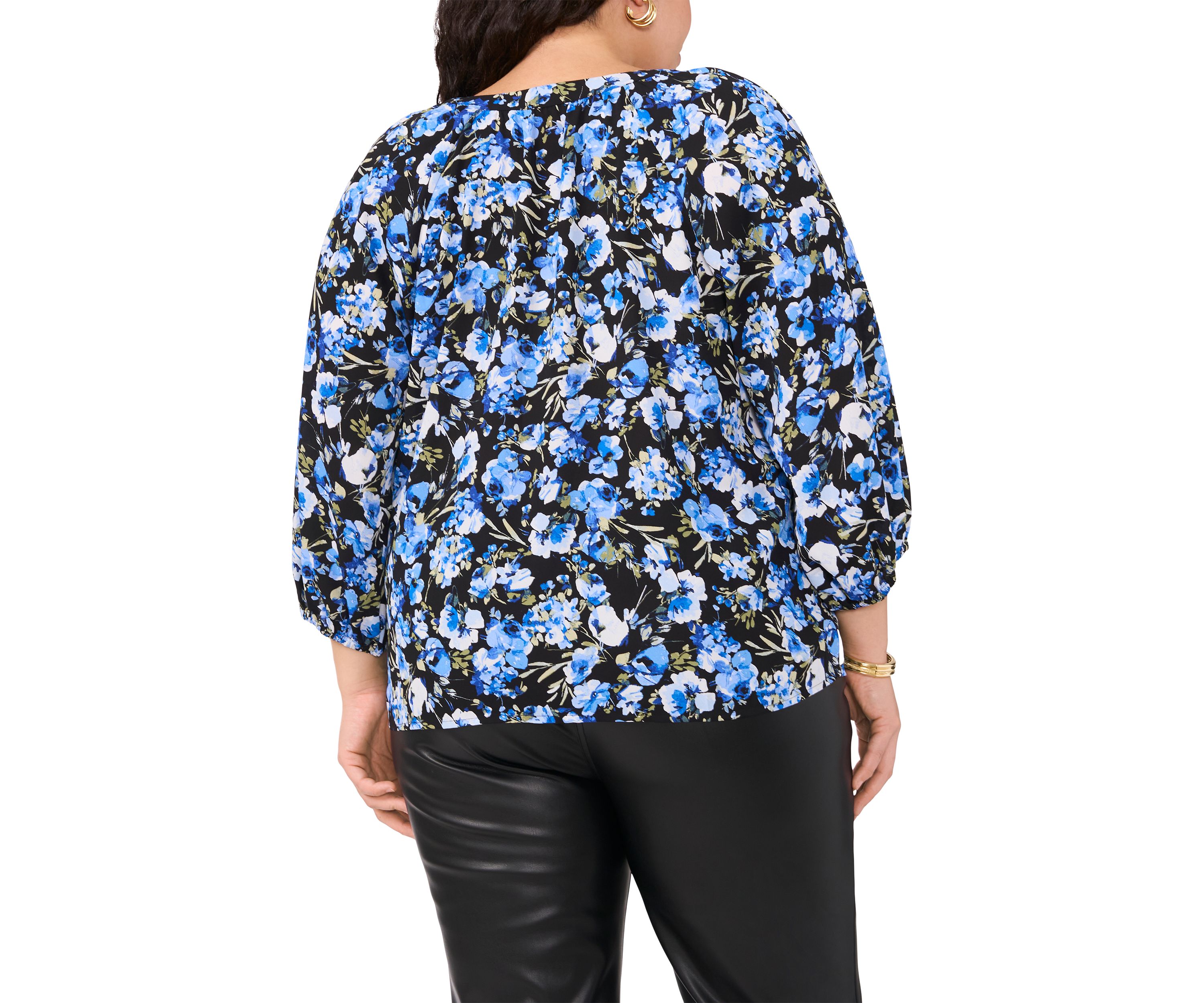 Plus Size Printed V-Neck Long Sleeve Woven Blouse