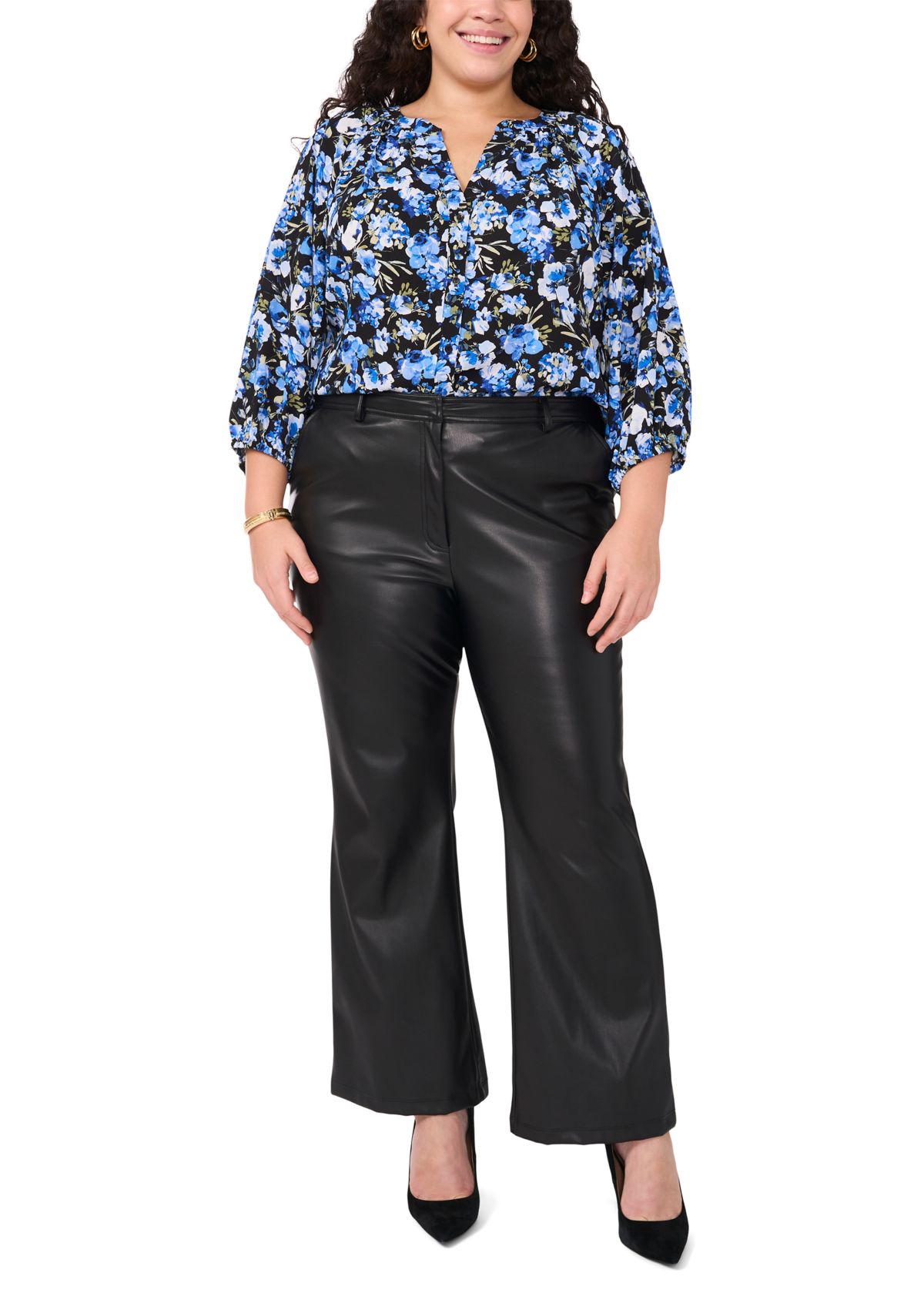 Plus Size Printed V-Neck Long Sleeve Woven Blouse