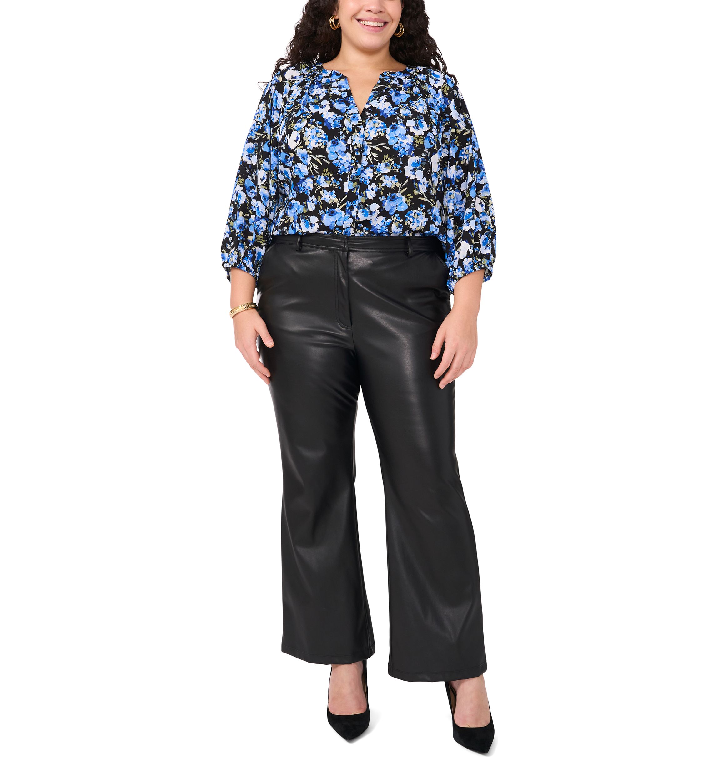Plus Size Printed V-Neck Long Sleeve Woven Blouse