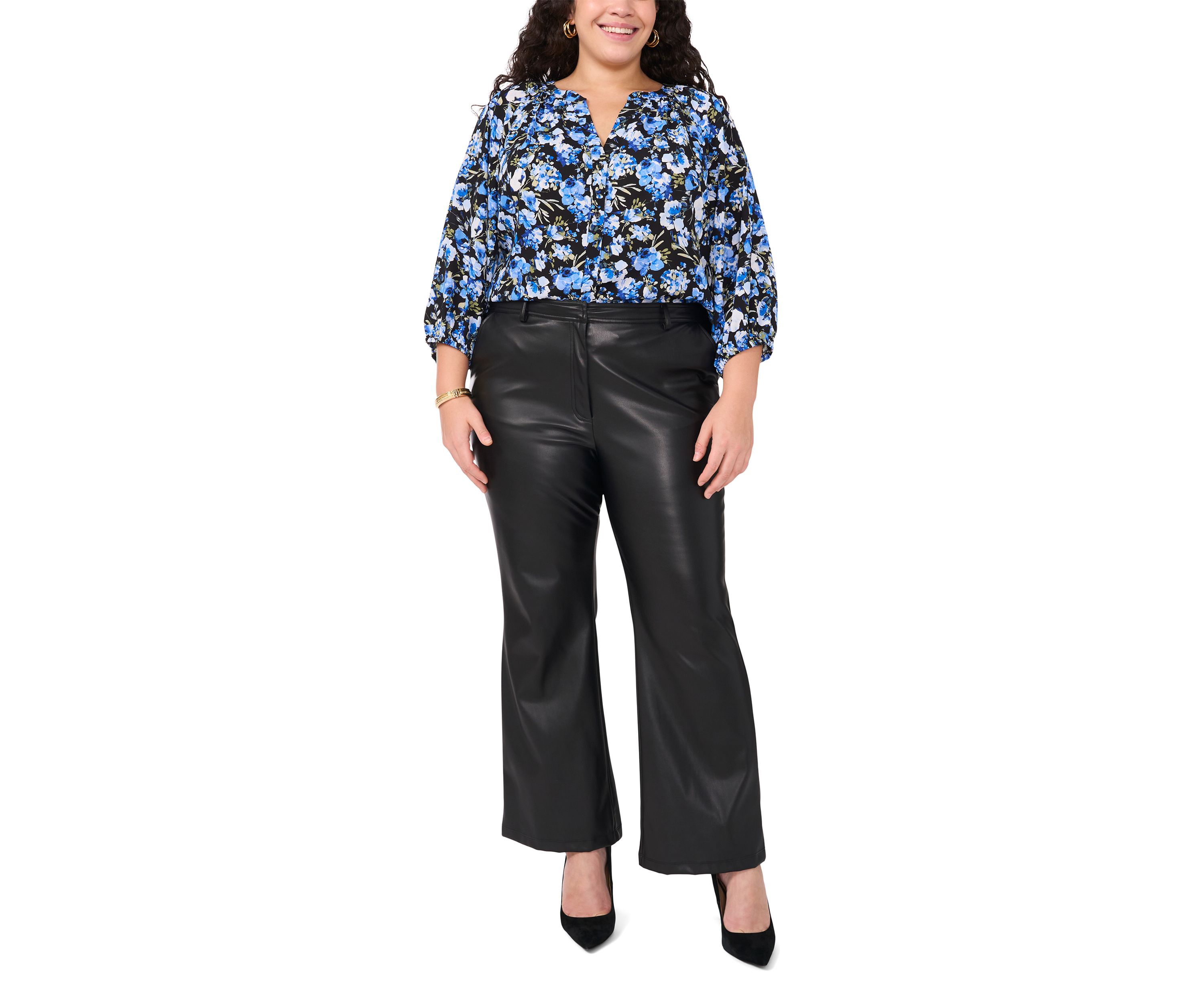Plus Size Printed V-Neck Long Sleeve Woven Blouse