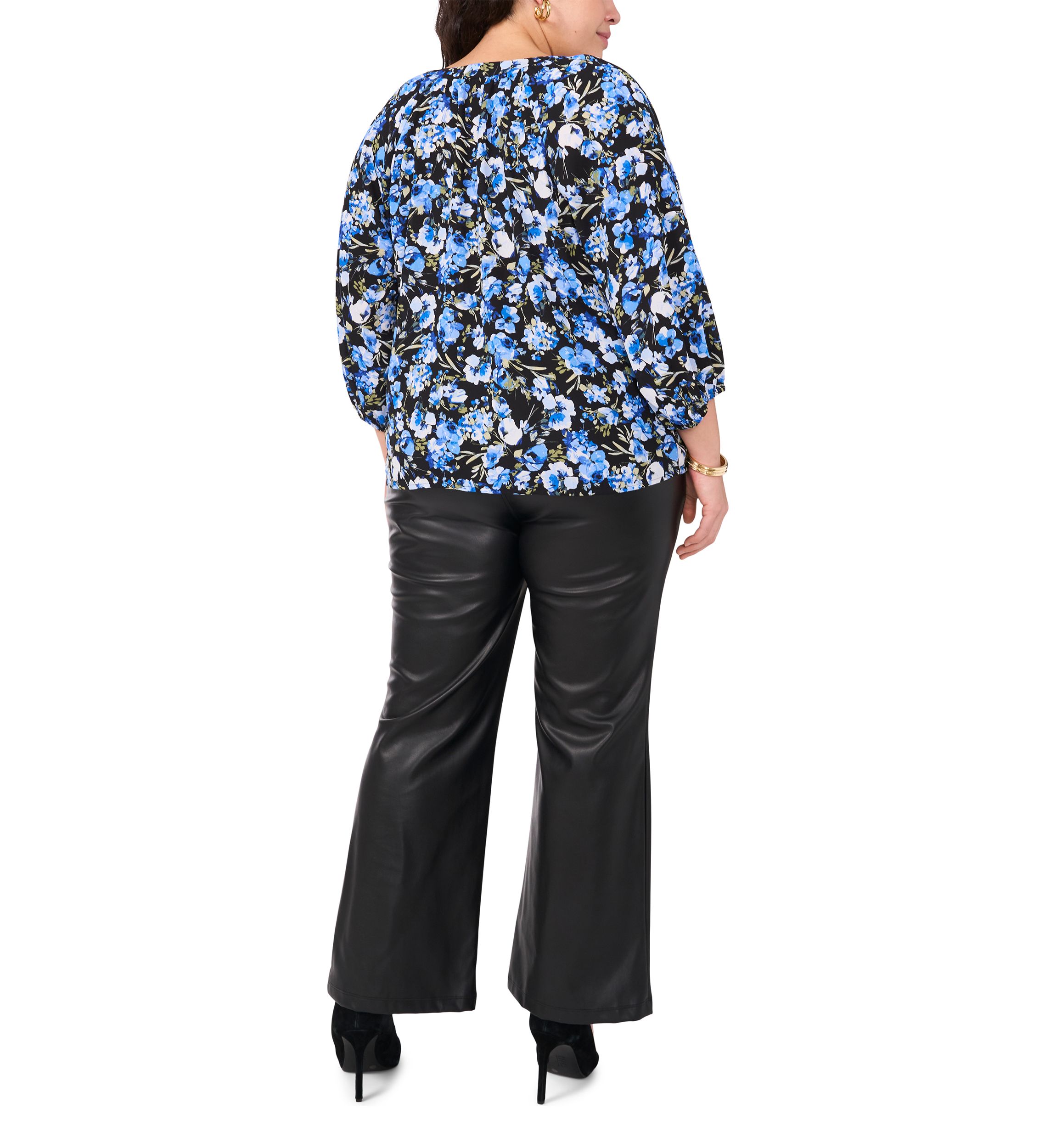 Plus Size Printed V-Neck Long Sleeve Woven Blouse
