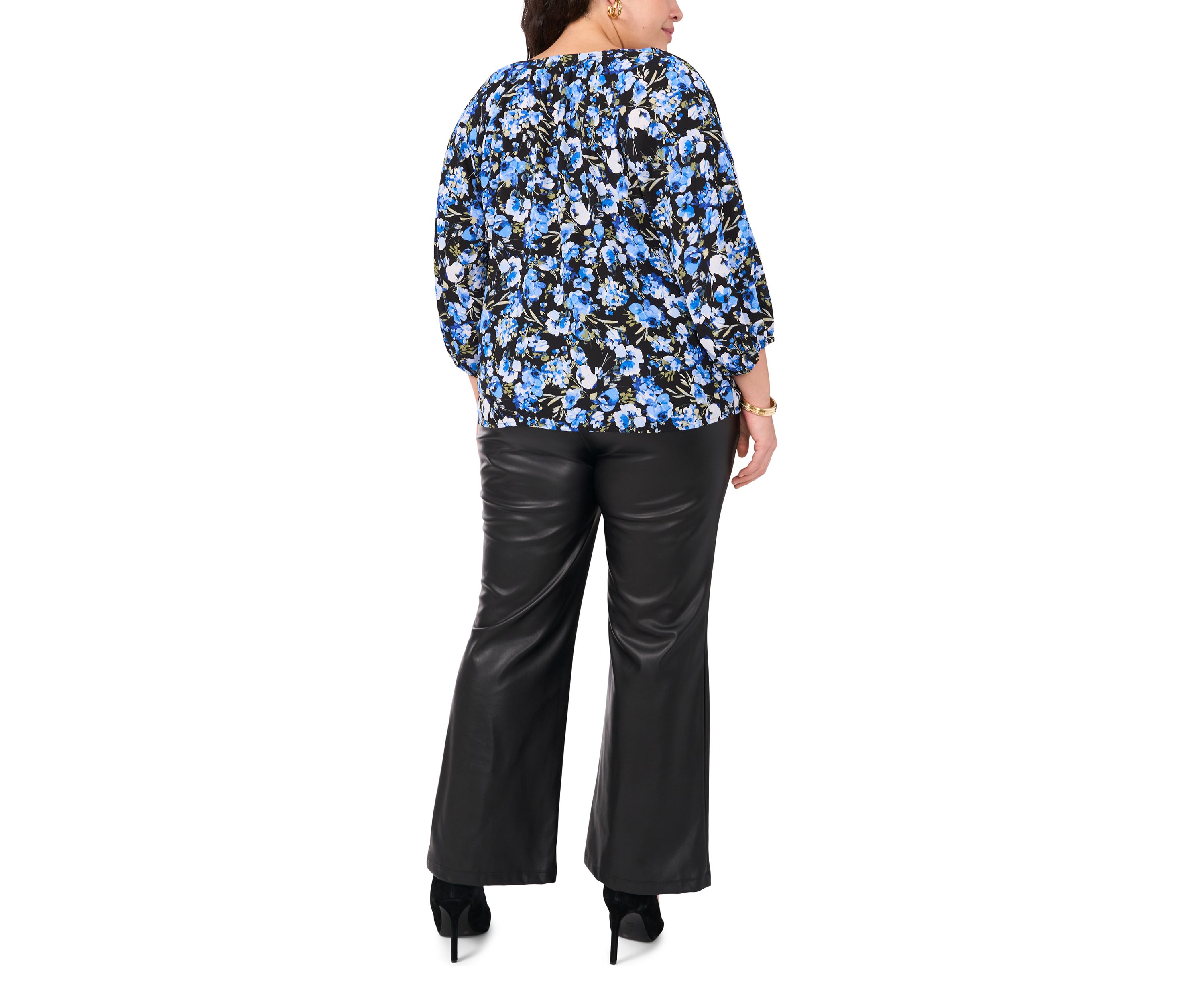 Plus Size Printed V-Neck Long Sleeve Woven Blouse