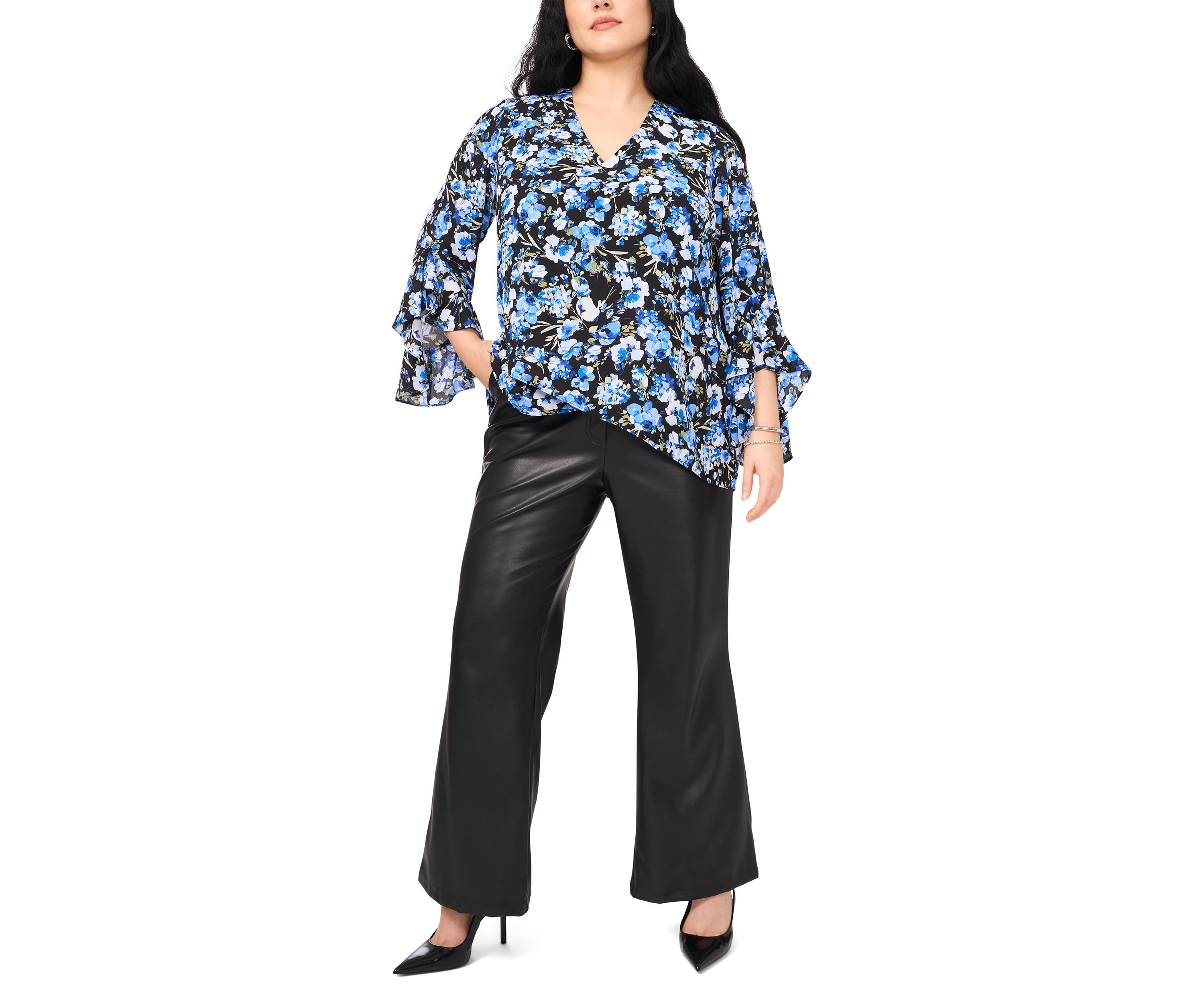 Plus Size V-Neck 3/4 Sleeve Blouse