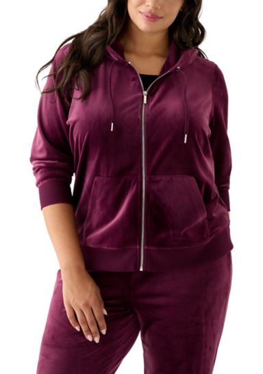  Plus Size Velour Zip Front Hoodie