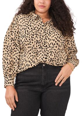 Plus Blouson Sleeve Animal Print Collared Shirt