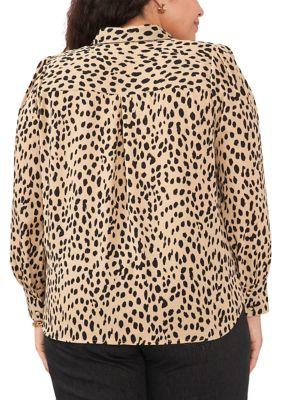 Plus Blouson Sleeve Animal Print Collared Shirt