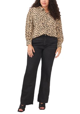 Plus Blouson Sleeve Animal Print Collared Shirt