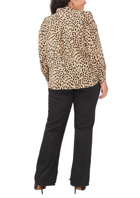 Plus Blouson Sleeve Animal Print Collared Shirt