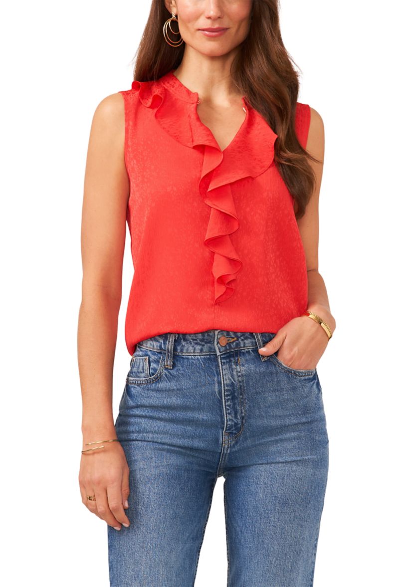 Petite Sleeveless Split Neck Ruffle Front Blouse with Tie 