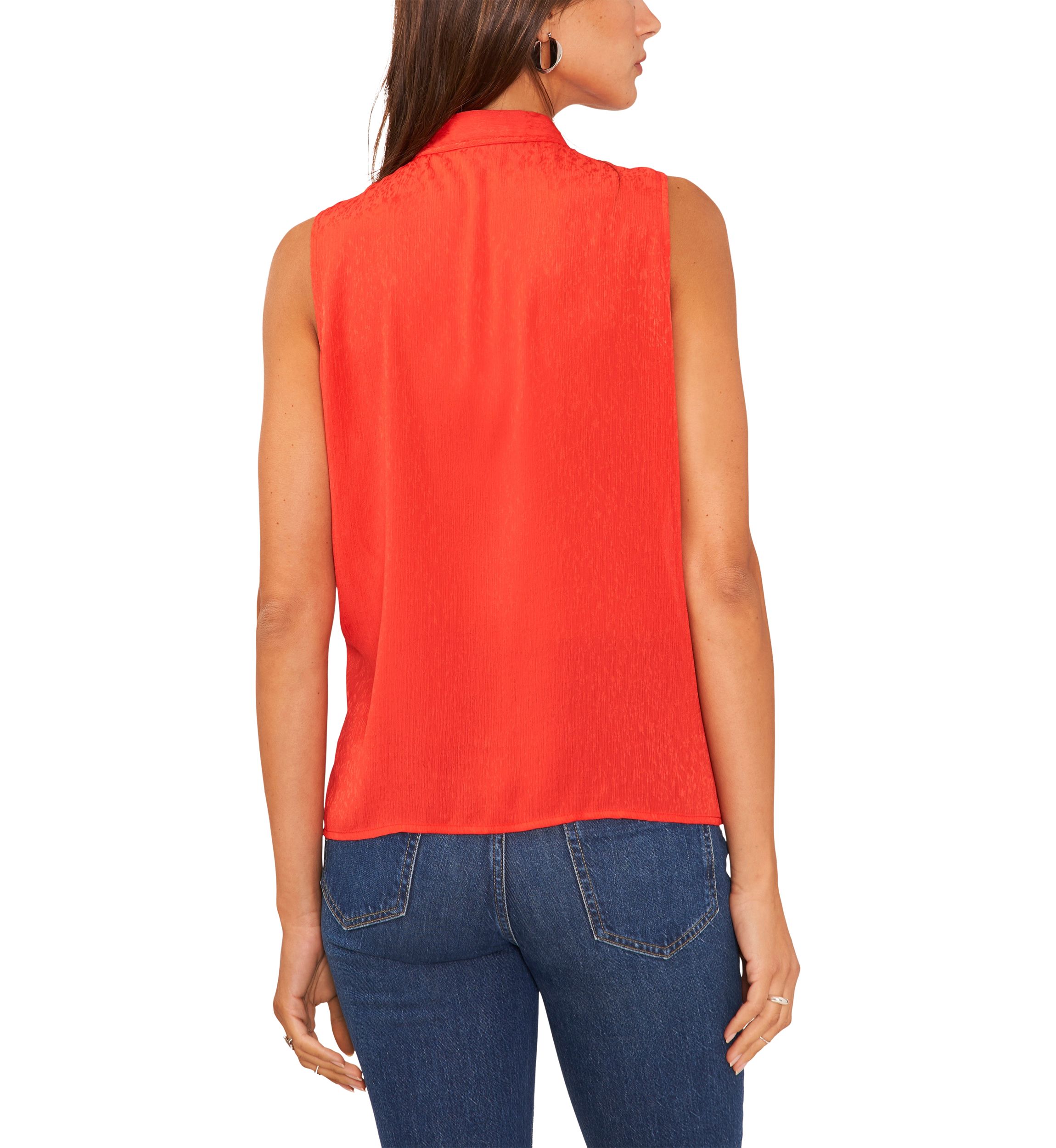 Petite Sleeveless Split Neck Ruffle Front Blouse with Tie 