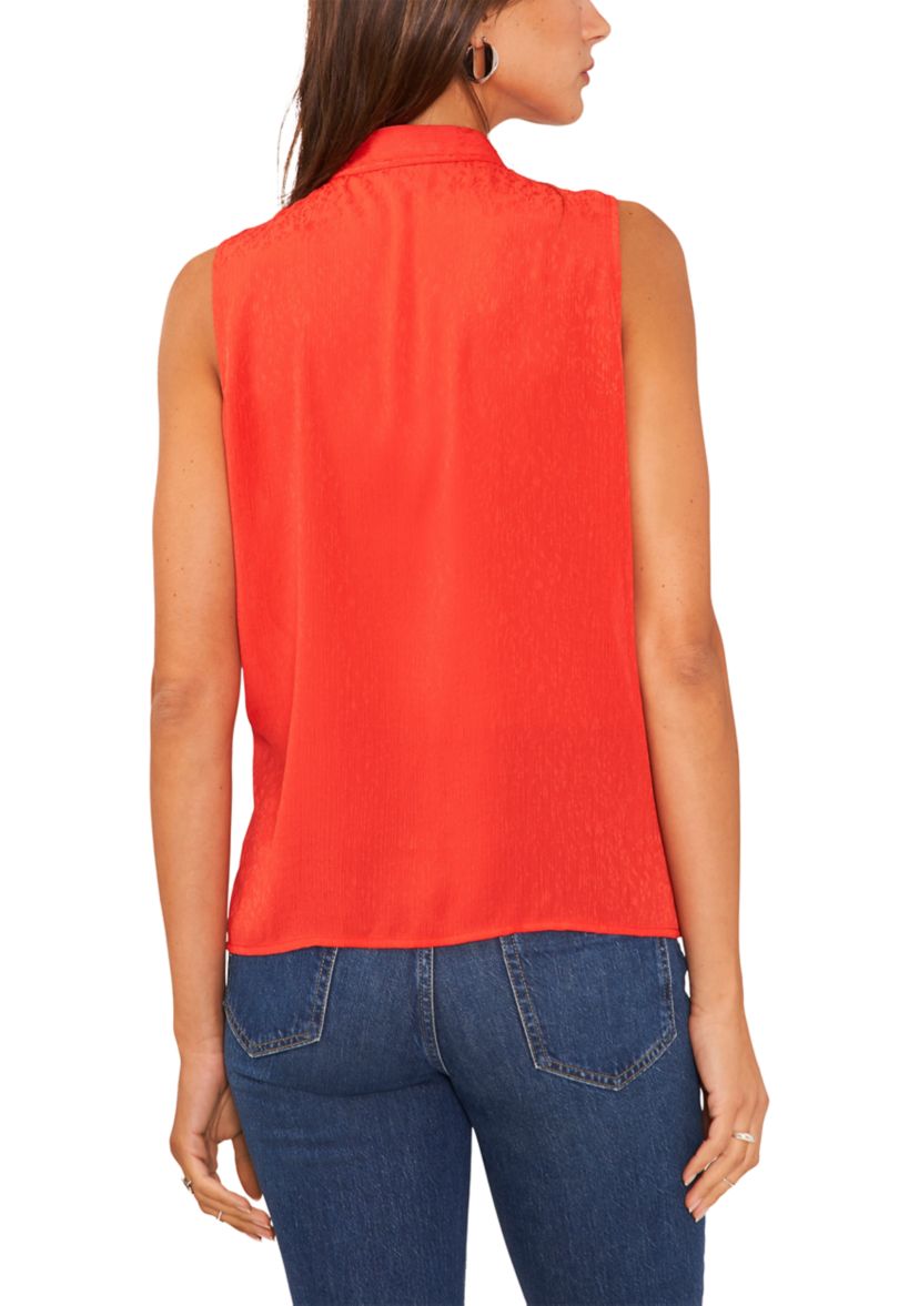 Petite Sleeveless Split Neck Ruffle Front Blouse with Tie 